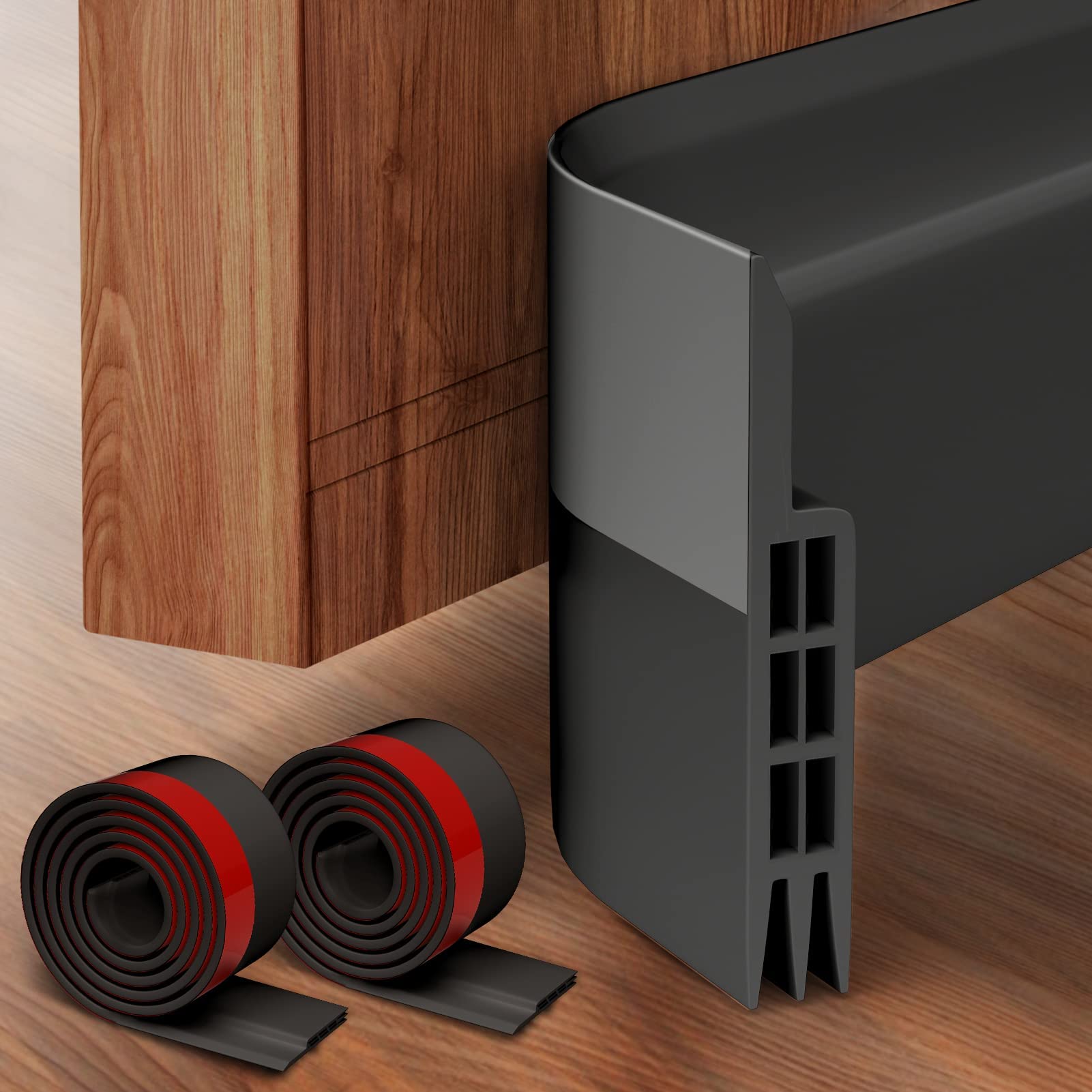2 Pack Door Draft Stopper Under Door Draft Blocker Insulator Weather Stripping Noise Stopper Strong Adhesive 37" Length, Black