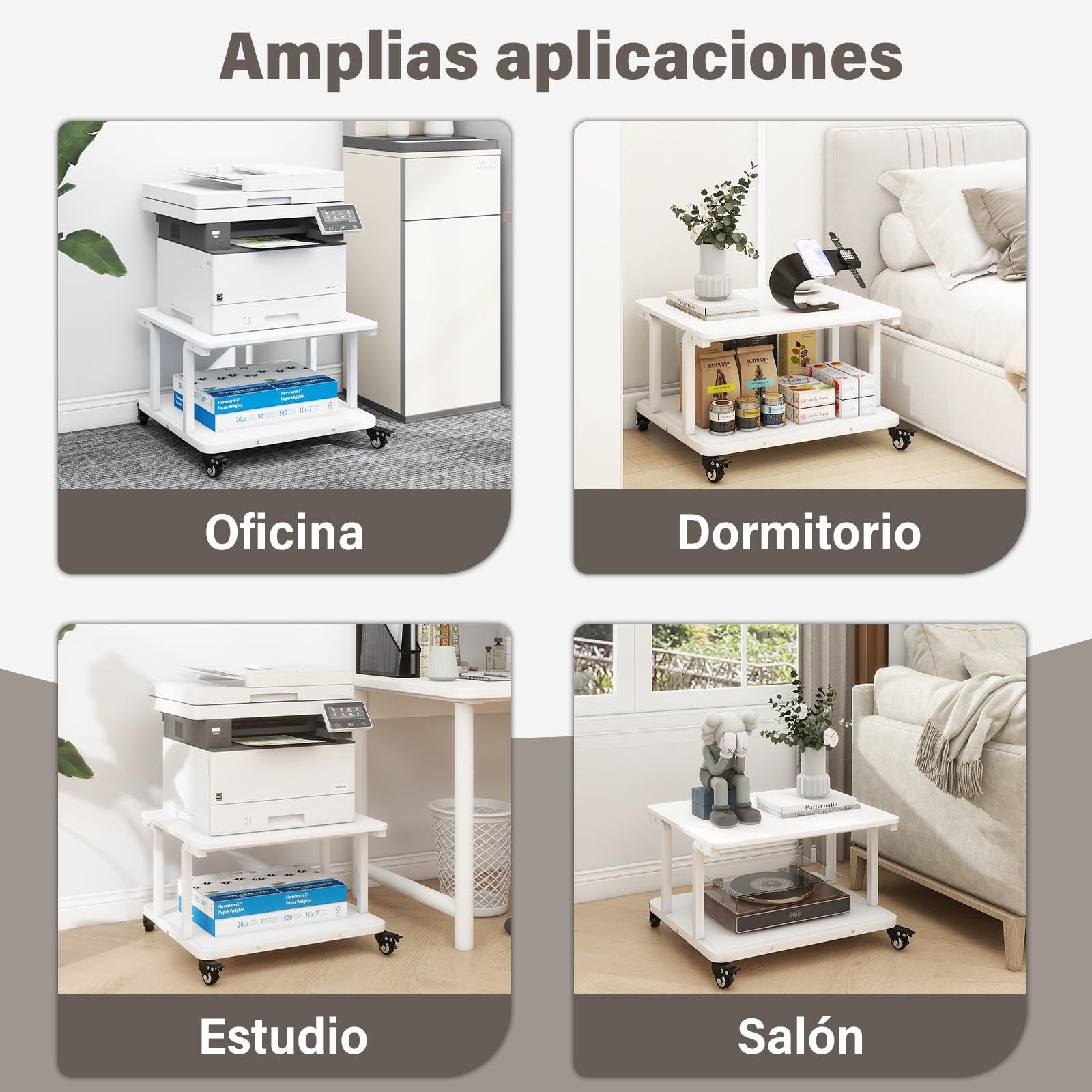 PUNCIA Carro Impresora de 2 Niveles 60 x 50 cm para Oficina Hogar Escuela | mesa soporte impresora blanco carro organizador documentos mueble con estantes para archivos y equipos de oficina