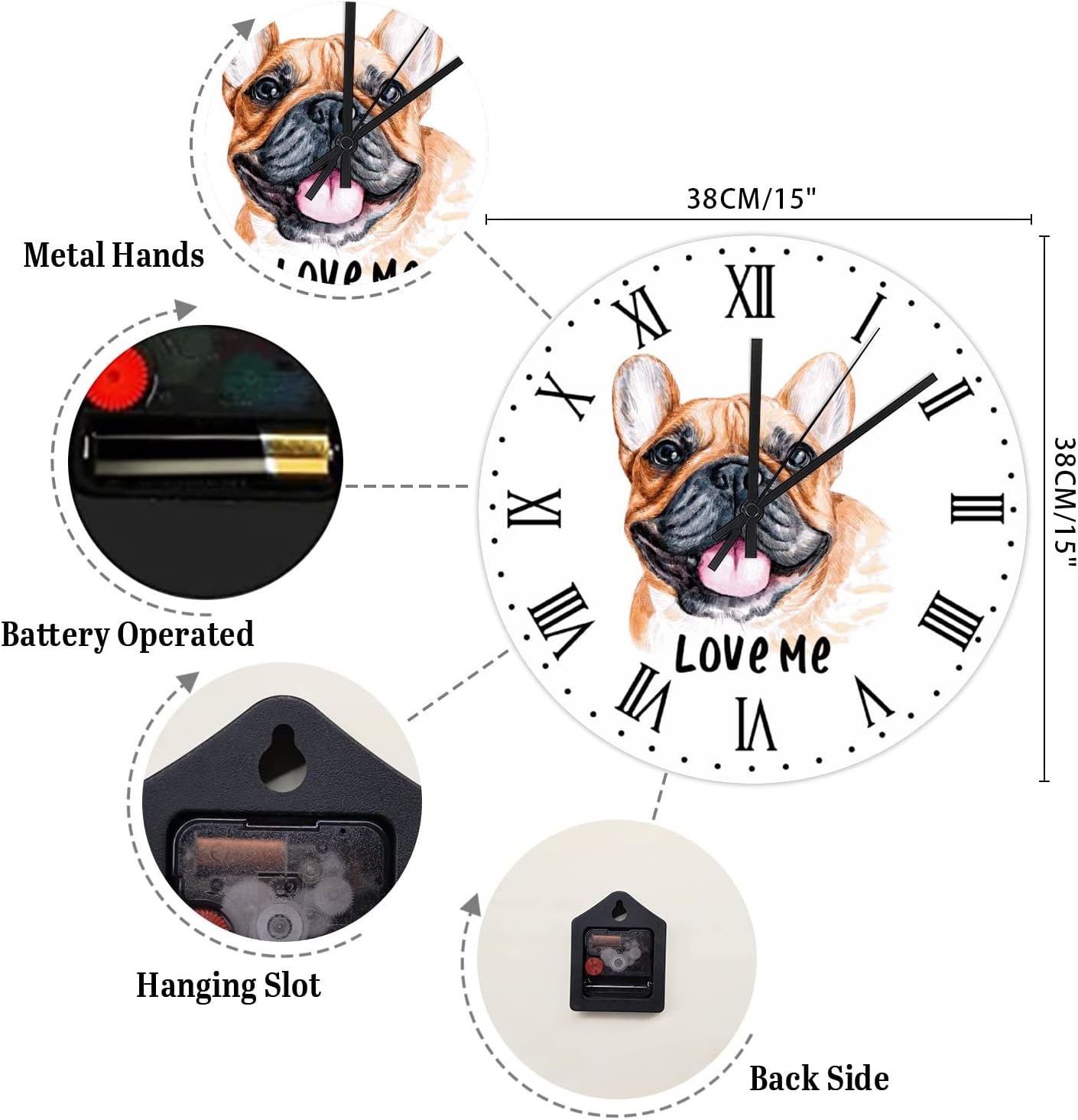 Love Me French Bulldog Wall Clock Vintage Kitchen Wall Clock Cute Dog Puppy 15 Inch Wall Clocks Battery Operated Non-Ticking Roman Numerals Rustic Home Decor for Office