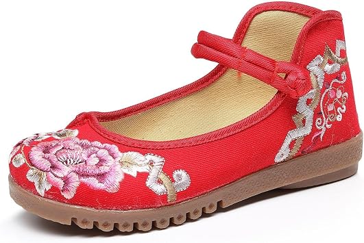Women's Floral Handmade Embroidered Flats Shoes Chinese Traditional Style Ankle Strap Shoes Cheongsam Walk Show Yoga Ballet Shoes Casual Slip-On ShoesRed,3.5 UK