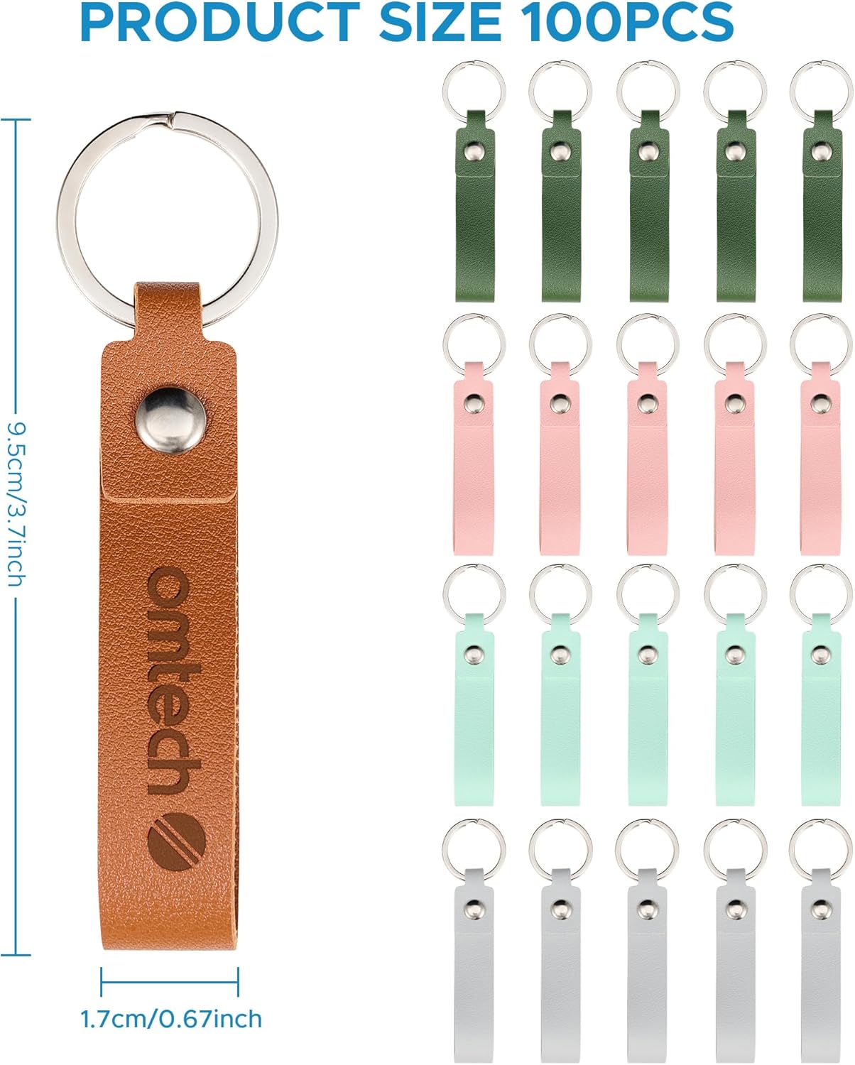 OMTech 100pc Leather Key Fob Kit, PU Leather Keychain Blanks with Rives and Key Rings, Rectangle Leather Key Chain Key Tag Bulk for Laser Engraving Keychain Making DIY Craft, Multi Colors - Image 2