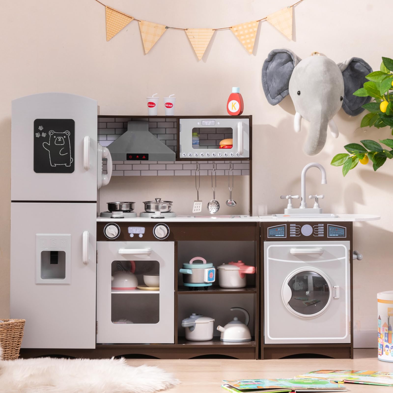 COSTWAY Kinderküche Holz, Eck Spielküche mit Licht & Sound, inkl. 7 Zubehör, Spielzeugküche mit Herd, Spüle, Eismaschine, Mikrowelle, Waschmaschine, Dunstabzugshaube, Telefon, für Kinder ab 3 Jahren