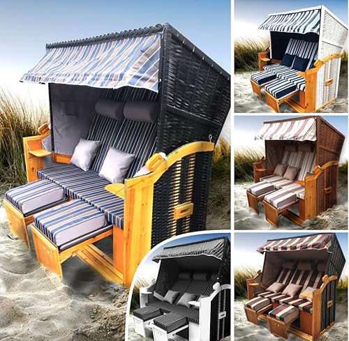 BRAST® Strandkorb Ostsee 3-Sitzer XXL für 2-3 Personen 165cm breit mehrere Designs inkl. wetterfeste Abdeckhaube verstellbare Rückenlehne Fußkissen Farbe Braun/Blau gestreift