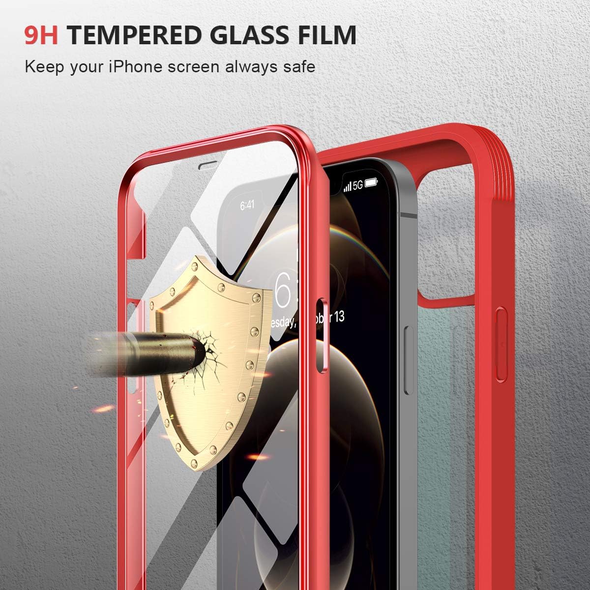 Miracase Glass+ Case for iPhone 12 Pro Max 6.7 inch, 2020 Full-Body Clear Bumper Case with Built-in 9H Tempered Glass Screen Protector for iPhone 12 Pro Max, Red