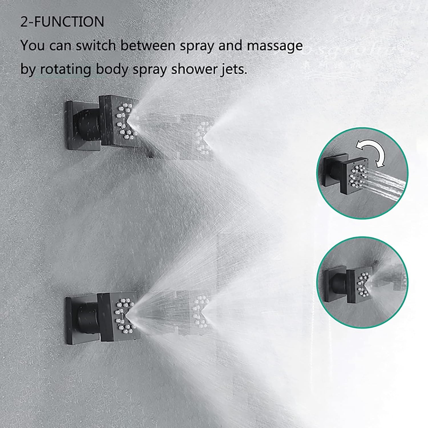 Shower Body Spray Massage Jet Black 2 Modes Body Spray Jet 2 Inch Brass Adjustable Shower Side Jets Square Shower Head Sprayer Wall Mount Bathroom Shower Accessories,1 Pack
