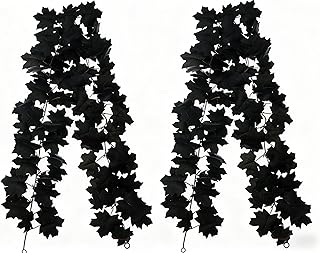 Sucrain Black Maple Leaf Garland,2PCS Halloween Fall Leave Vines Artificial Hanging Maple Leaf Garland for Halloween Thanksgiving Wedding Decor(6.56FT)