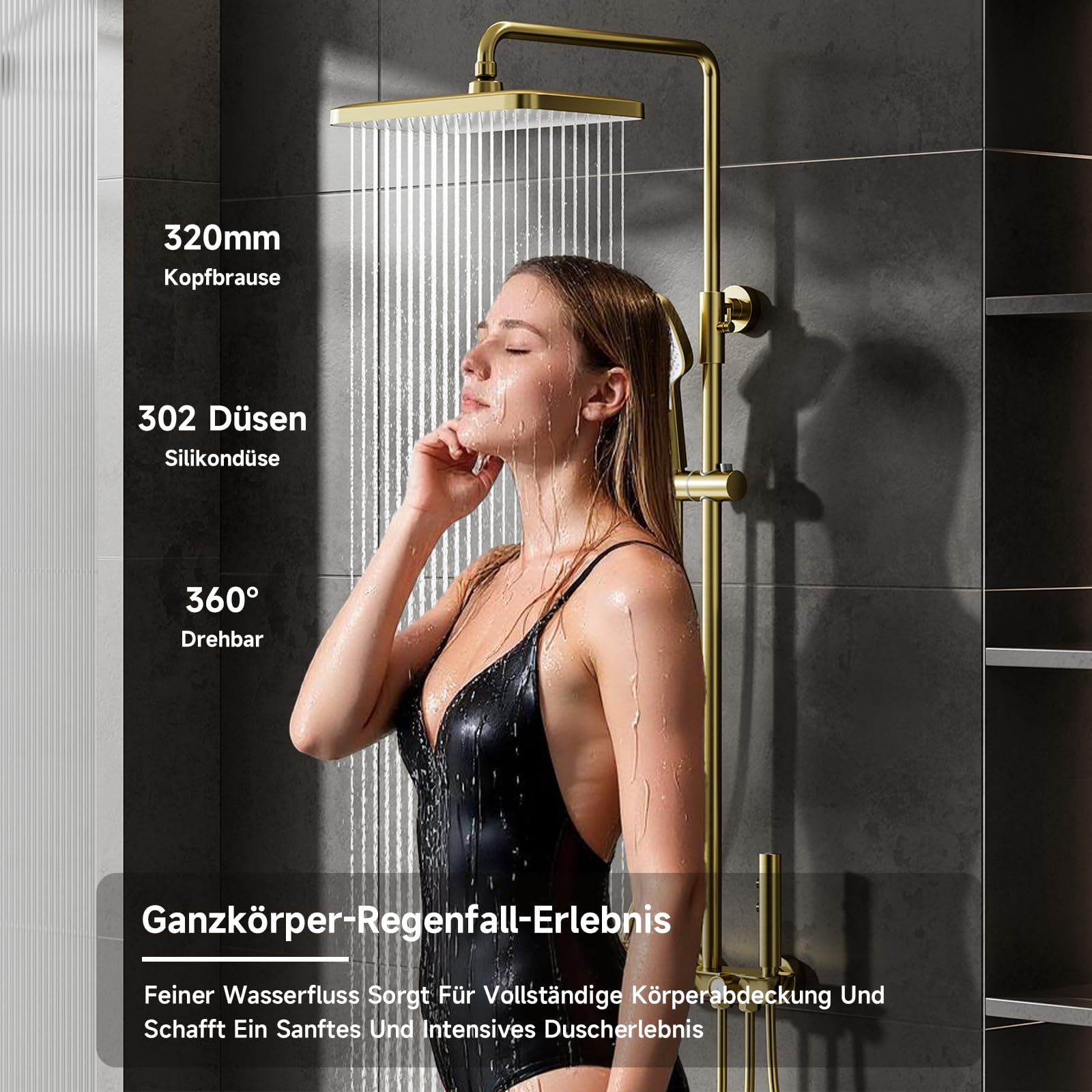 Duschsystem,Gebürstetes Gold Duschsystem mit thermostat | 4-in-1-Duschsäulen-Set mit 320 × 220 mm großer Regendusche, Duschset mit Duschkopf, Duschgarnitur mit Regendusche