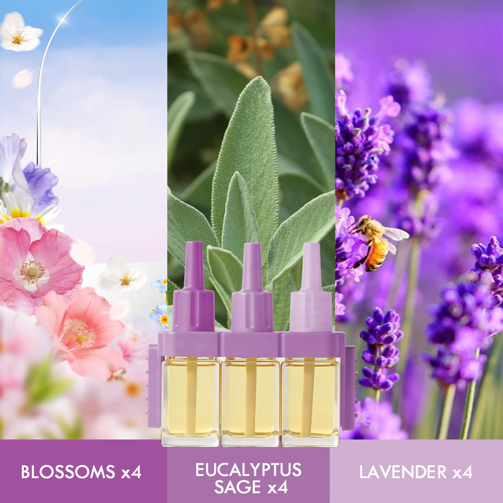 LASENTEUR Recambio de frasco de aceite aromático, compatible con Febreze 3Volution, paquete de 8, 6 fragancias, lavanda, eucalipto, salvia, hawaii, vainilla, sándalo, fragancia para sala de estar o