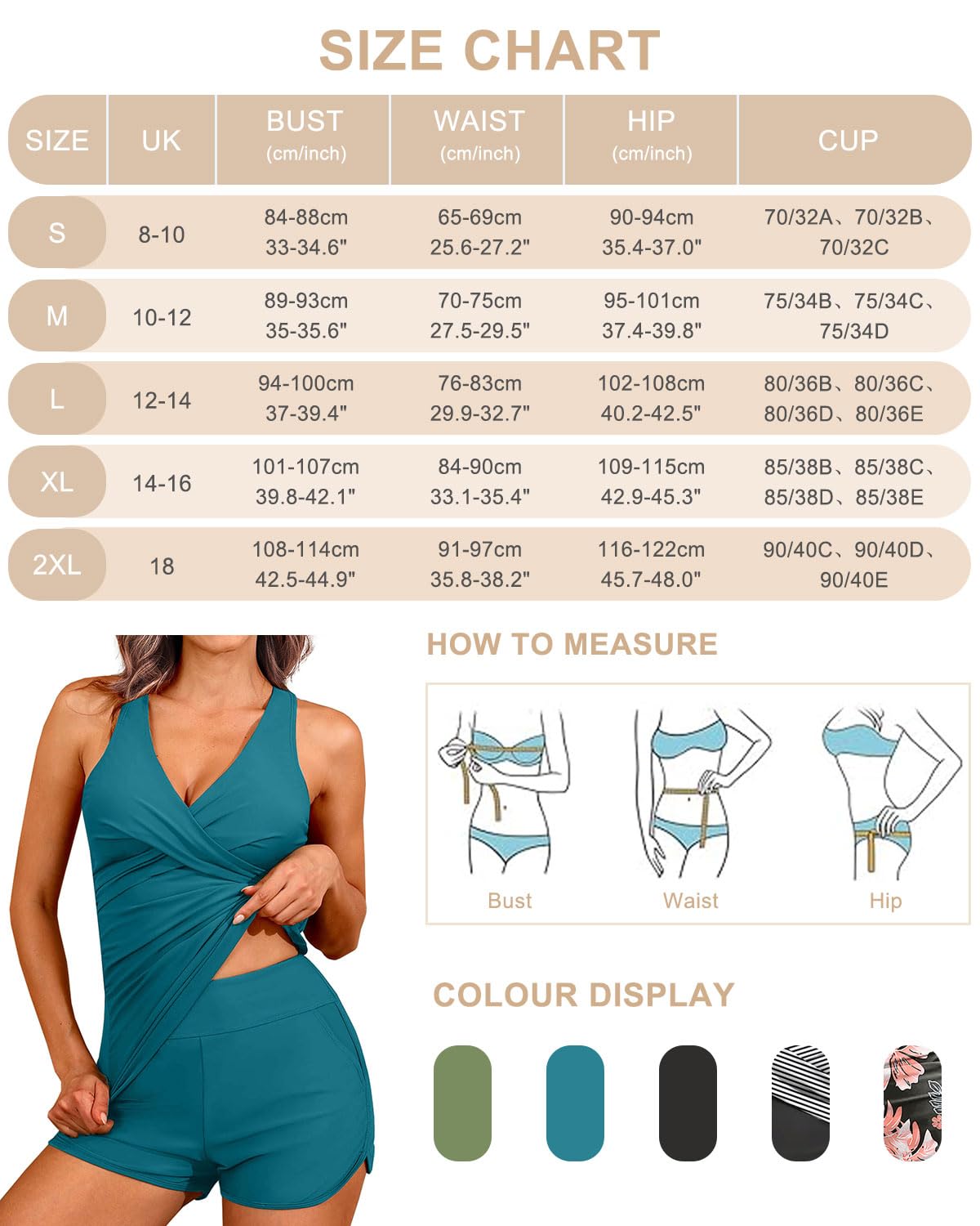 CheChury Tankini Mujer 2 Piezas Traje de Baño Reductor Vientre Plano con Aros Push Up Cuello V Cintura Alta