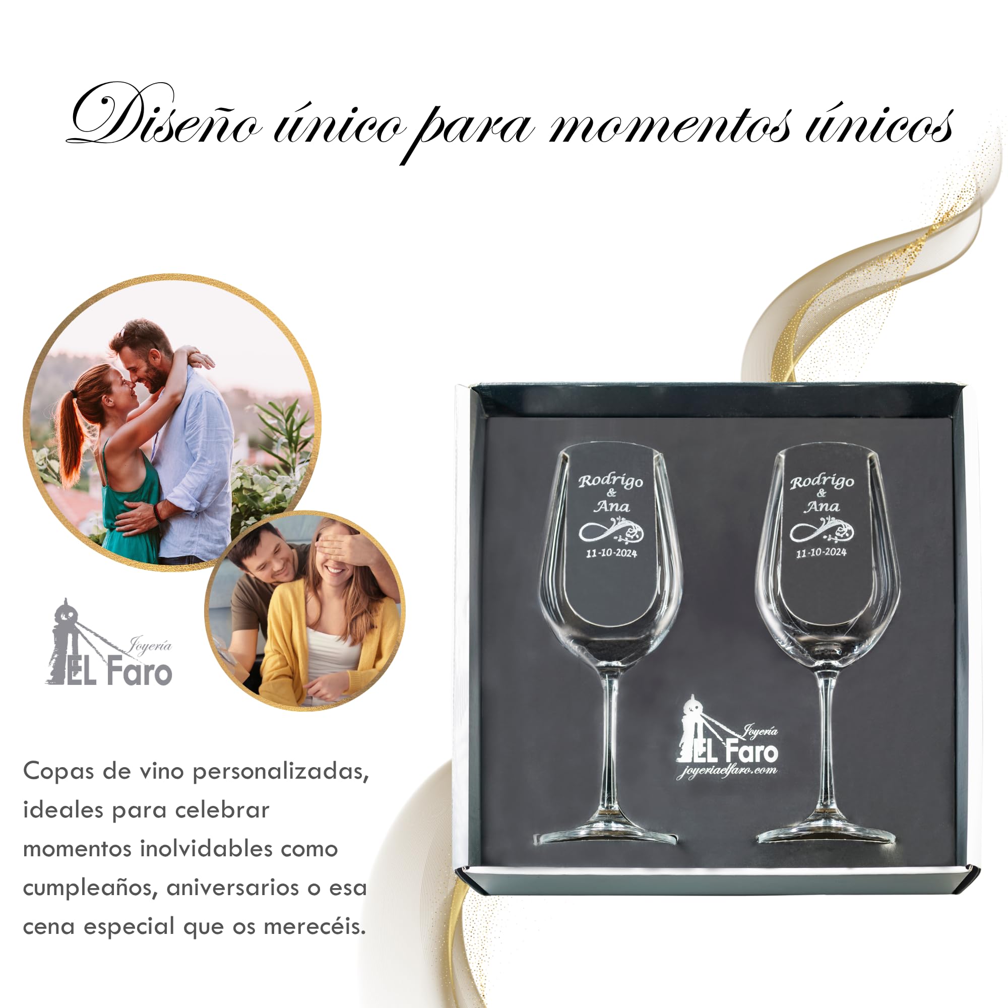 JOYERIA EL FARO | Copas de vino personalizadas | Estuche premium incluido | Brinda y celebra el amor (Infinito)