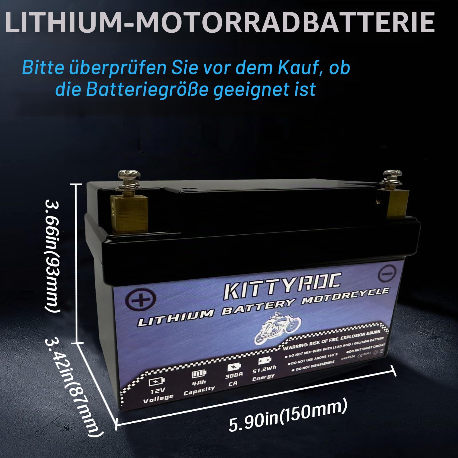 12V Lithium Motorrad Batterie 4Ah 300A, Square Terminal LiFePO4 Batterie mit Smart BMS, Ersatz ATV, UTV, Motorrad, Rasenmäher, Jet Ski, Schneemobil, 4 Wheeler, Traktor, Roller