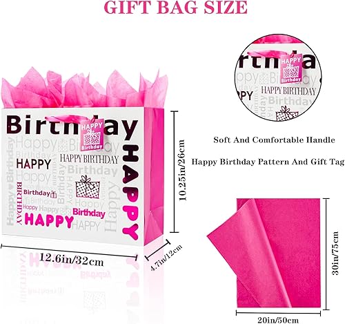 Miniatura 2 de JWSCYSY Bolsa de regalo grande de color blanco y rojo rosa con papel de seda, bolsa de regalo de feliz cumpleaños para niñas y mujeres, 12.6 x 10.25