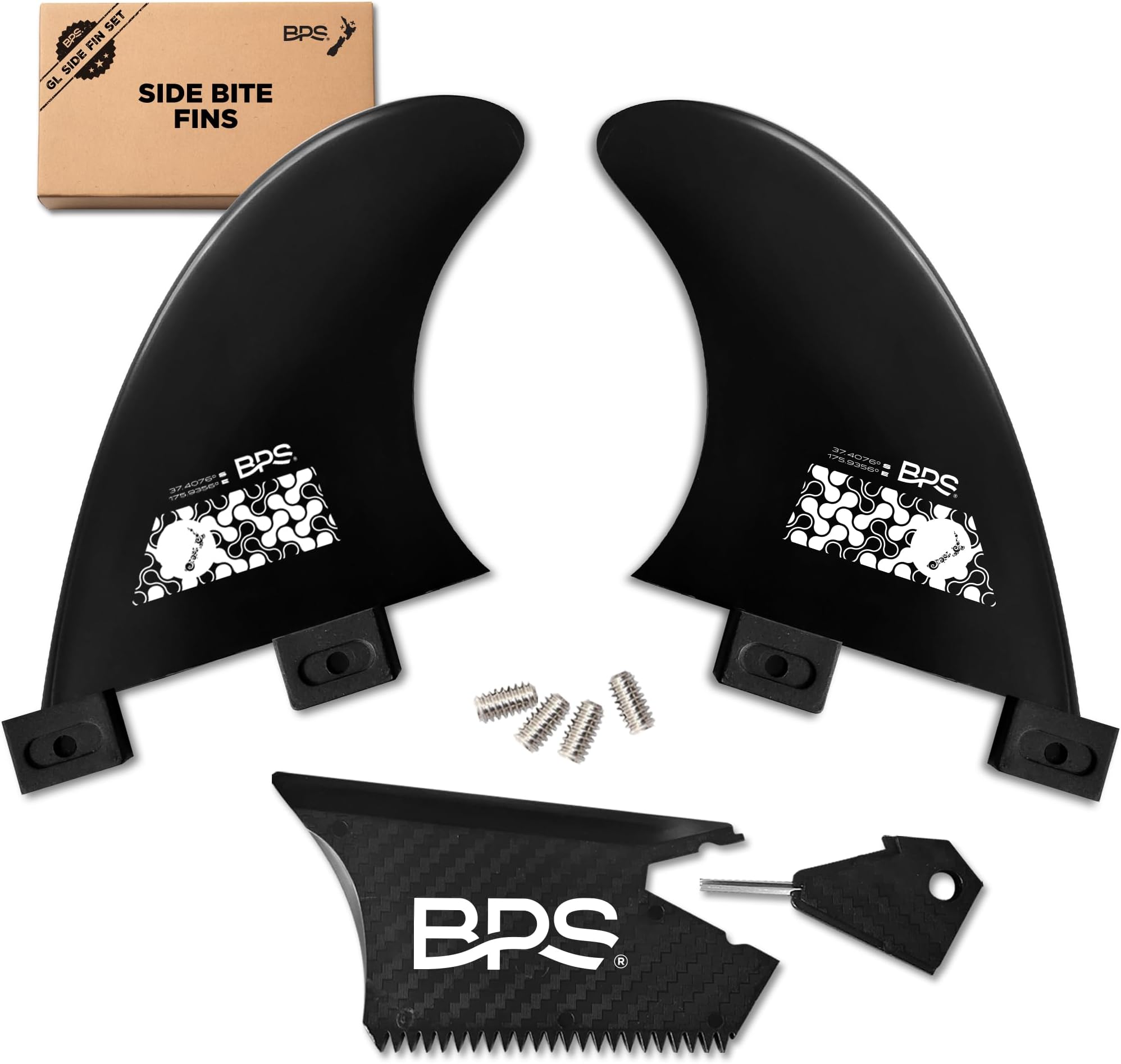 BPS New Zealand Side Bite Fins Fiberglass Reinforced Eco Surfboard Fins with 60% Recycled Nylon Plastic for Longboard, Surfboard, Shortboard FCS GL Style Fin Box