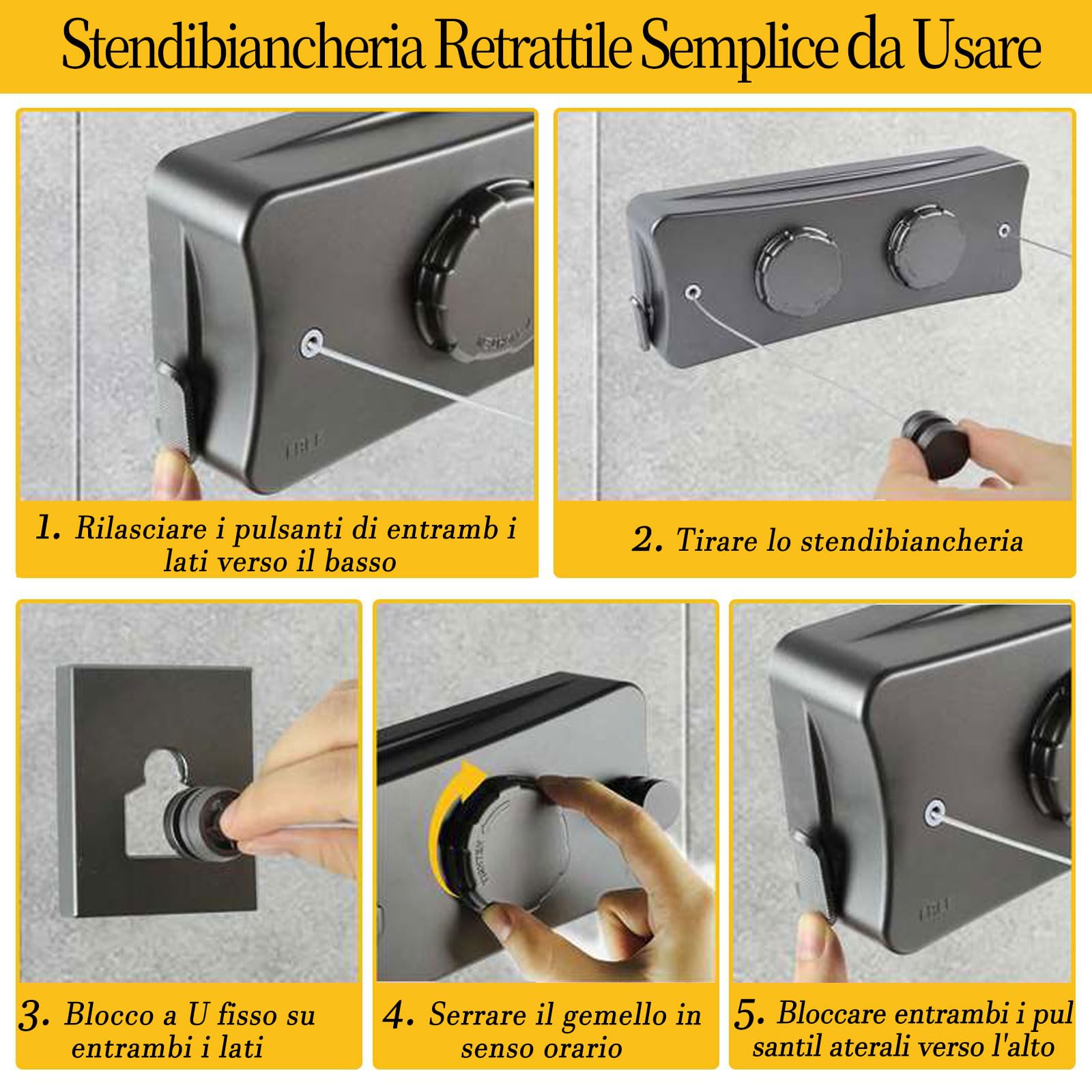 Domigard Corda per biancheria retrattile,stendibiancheria interna a parete doppia linea invisibile filo di lino estensibile in acciaio inossidabile,corda da biancheria regolabile2*5,1m (Grigiastro)