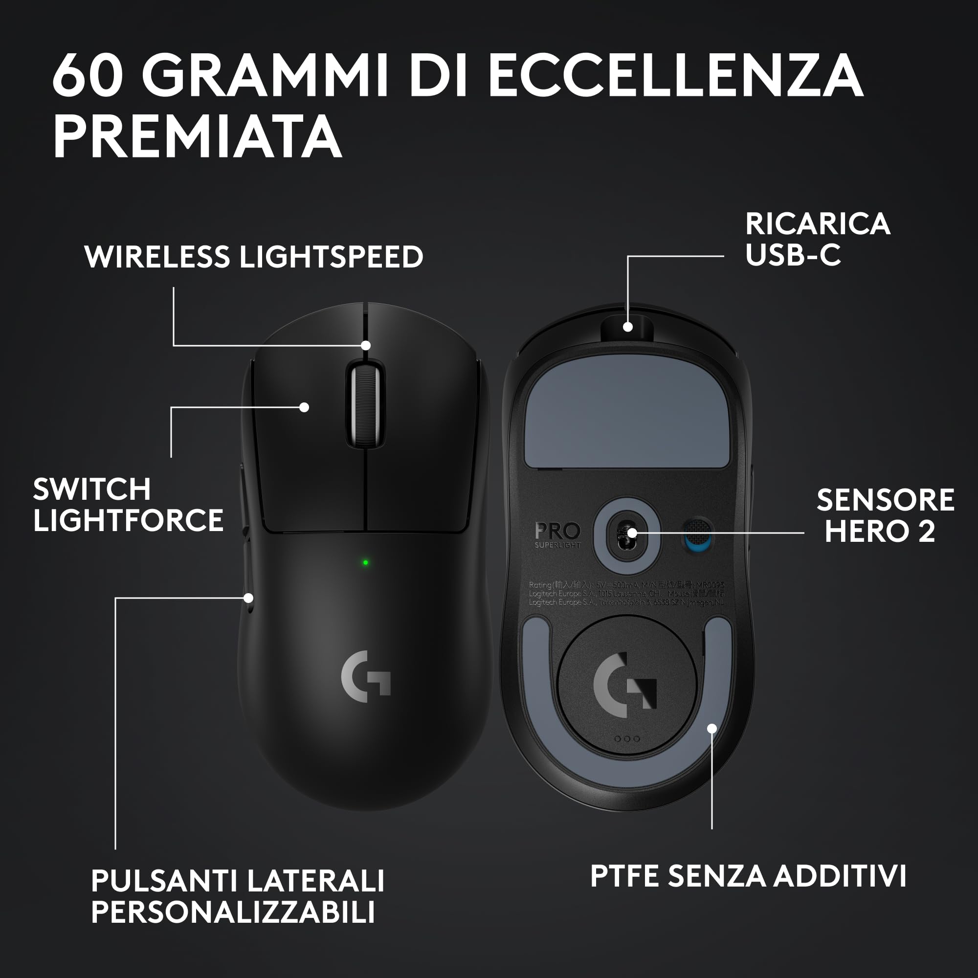 Logitech G PRO X Superlight 2 mouse gaming wireless 60g 5 pulsanti 44.000 DPI 8 kHz USB-C Nero