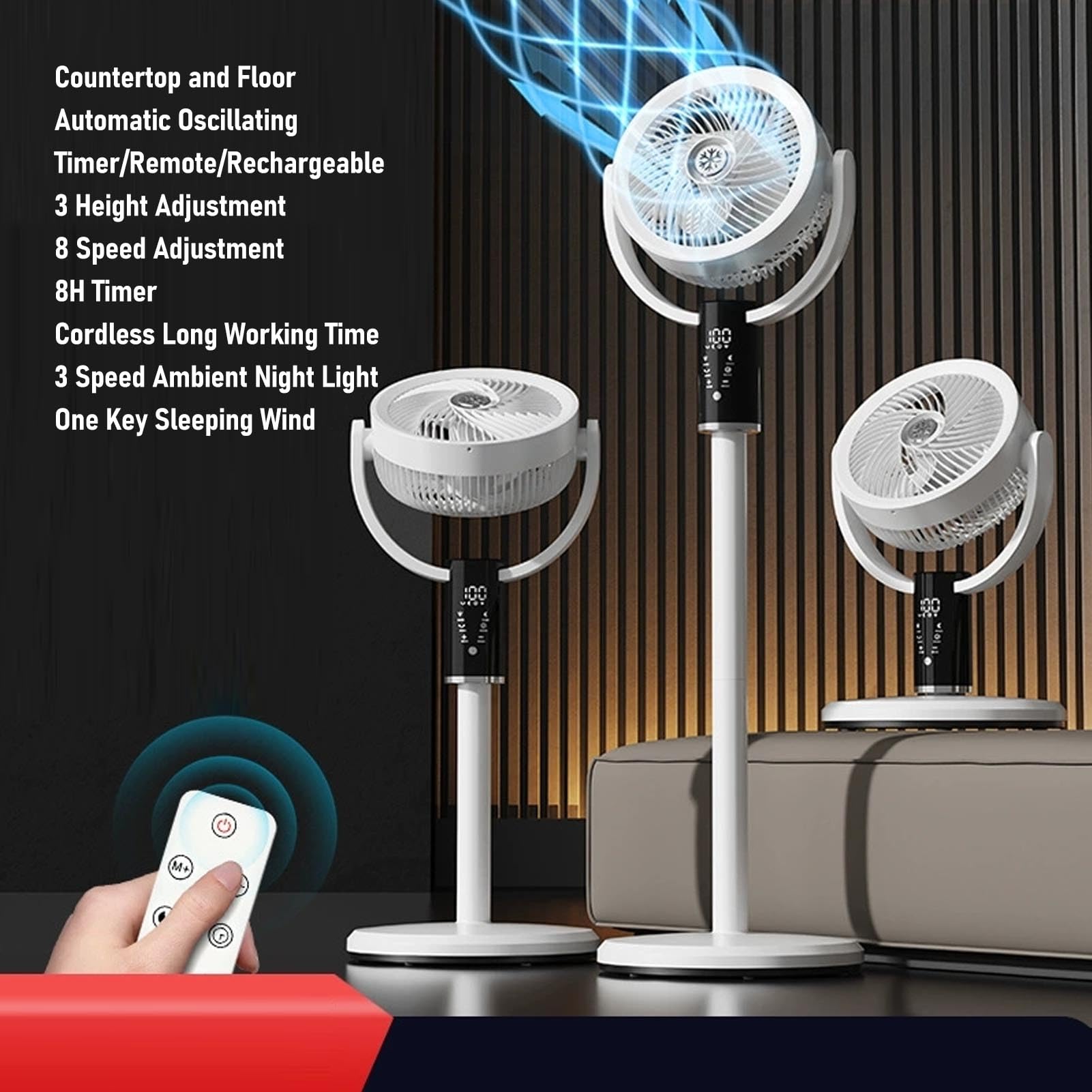 Ventilador Portátil, 8 Velocidades 3 Alturas Ajustables 12 Pulgadas Recargables Ventilador Piso Oscilante con Remoto, bajo Ruido, Luz Nocturna y Temporizador para Escritorio