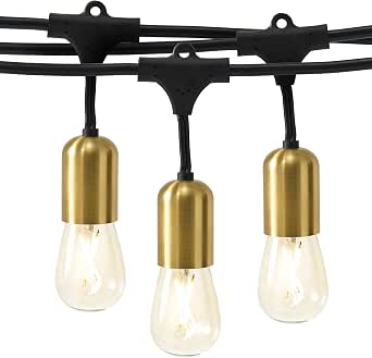 Brightech Glow LED String Lights - 48 Ft Outdoor Waterproof Globe Patio Lights with Brass Accents and 15 2W Bulbs