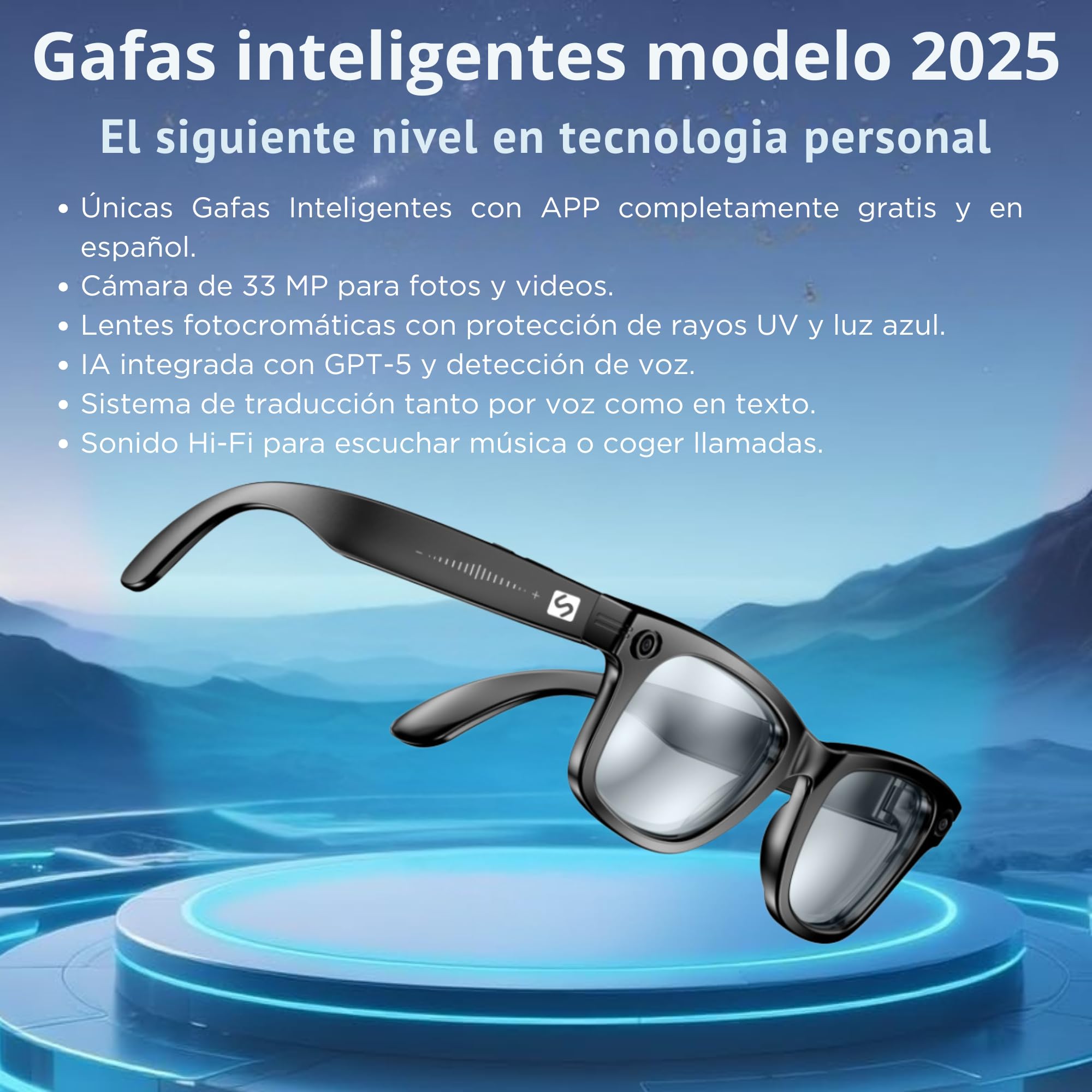 Smartia Smart Glasses avec Caméra 33MP 4K, Bluetooth Mains Libres, IA GPT-5, Photochromiques, Traduction 20 Langues