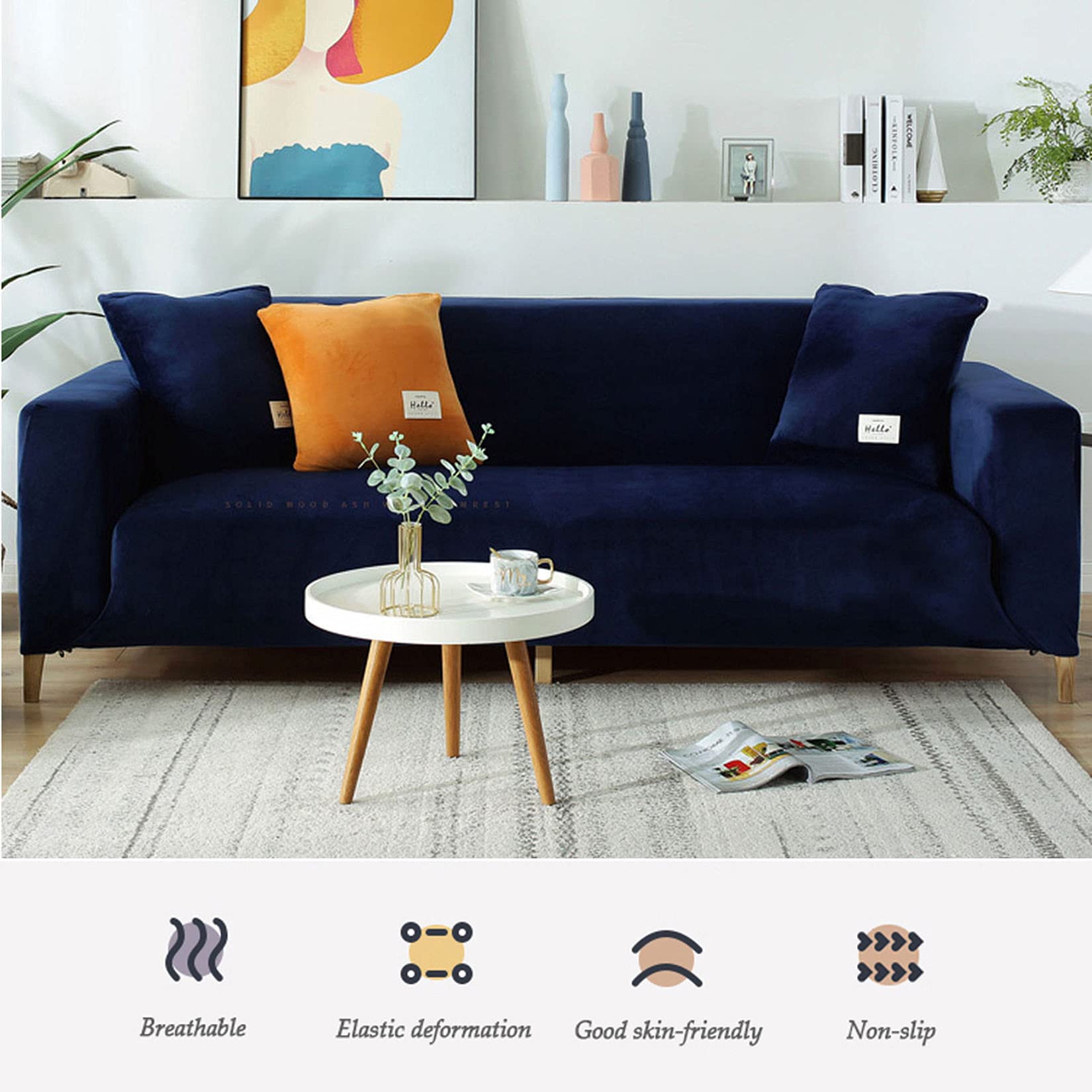 JHLD Velvet Sofa Cover, Stretch Sofa Slipcover Soft Thickened Non Slip Furniture Protector for Kids Pet-Navy-Small 90-140CM (35-55in)