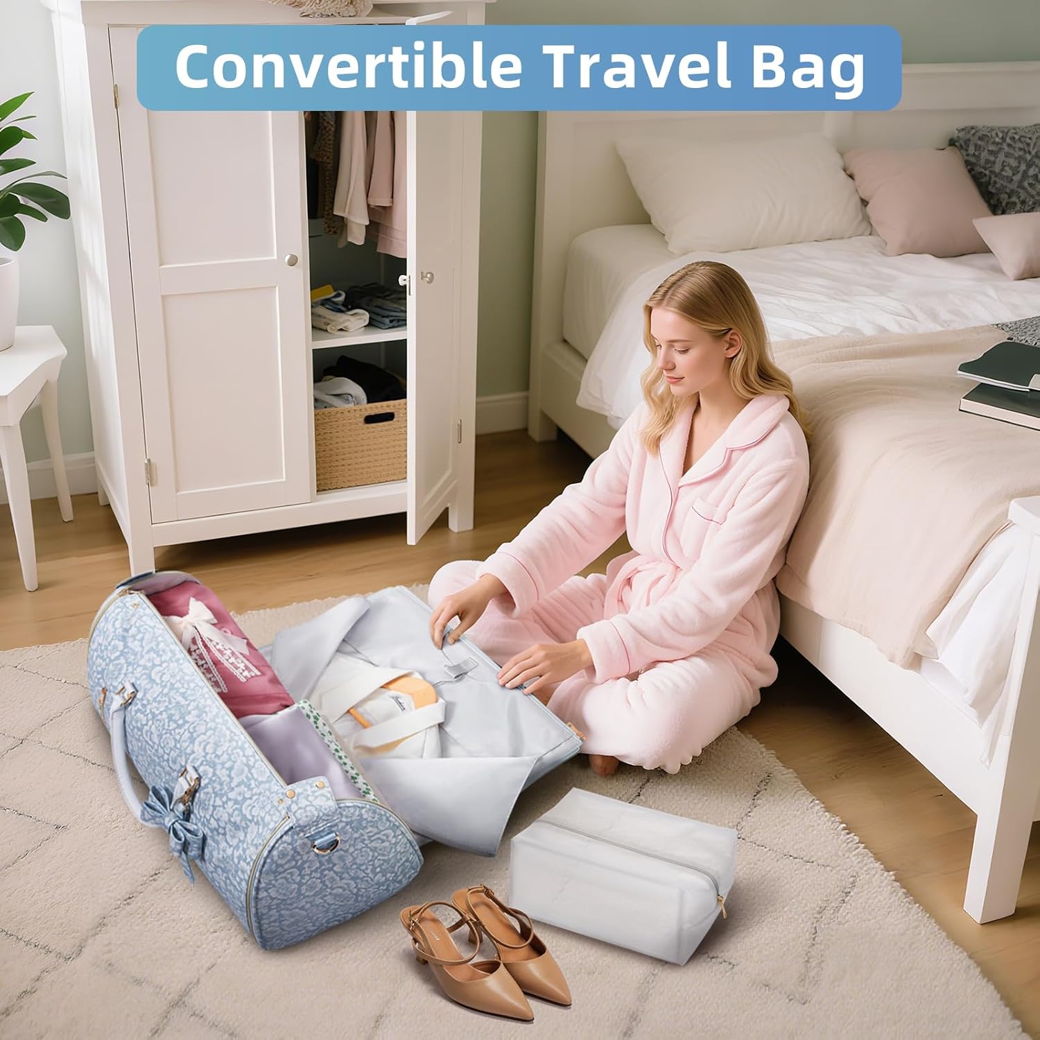 Travel Garment Bag for Women, Foldable Carry On Garment Duffle Bag 20.5x10x12.5 Inch, Convertible Overnight Bags with Shoe & Toiletry Pockets for Business Trip, Vacation, Party, Blue-White - Image 9