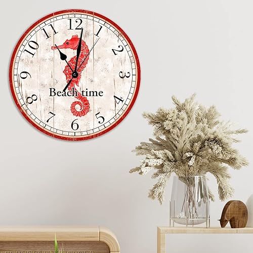 Miniatura 5 de Reloj de pared decorativo de madera con caballito de mar rojo, reloj de pared de madera de caballito de mar de playa, reloj de pared de cuarzo,