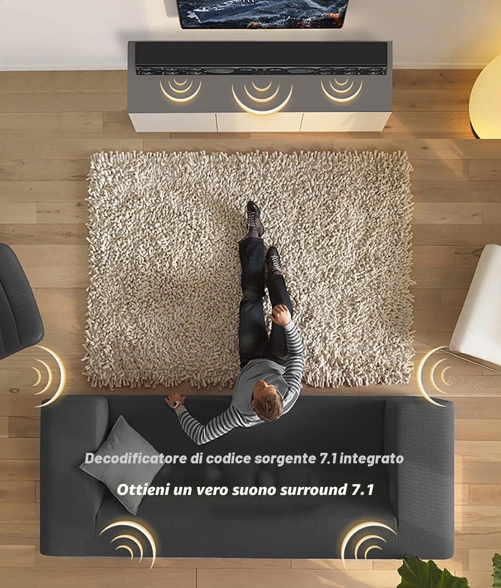 RSGK Suono Home Theater 7.1, Soundbar a 8 Canali da 310 W, con Subwoofer Wireless da 6,5", 2 Altoparlanti Surround Posteriori, per Il Suono Home Theater