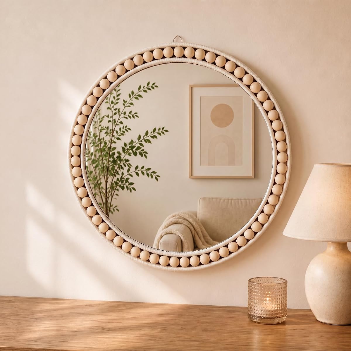 Glooglitter 15 Inch Boho Round Wall Mirror, Beaded Wood Frame Hanging Mirror, Decorative Circle Glass for Bedroom, Living Room, Bathroom, Entryway, Farmhouse Bohemian Wall Decor