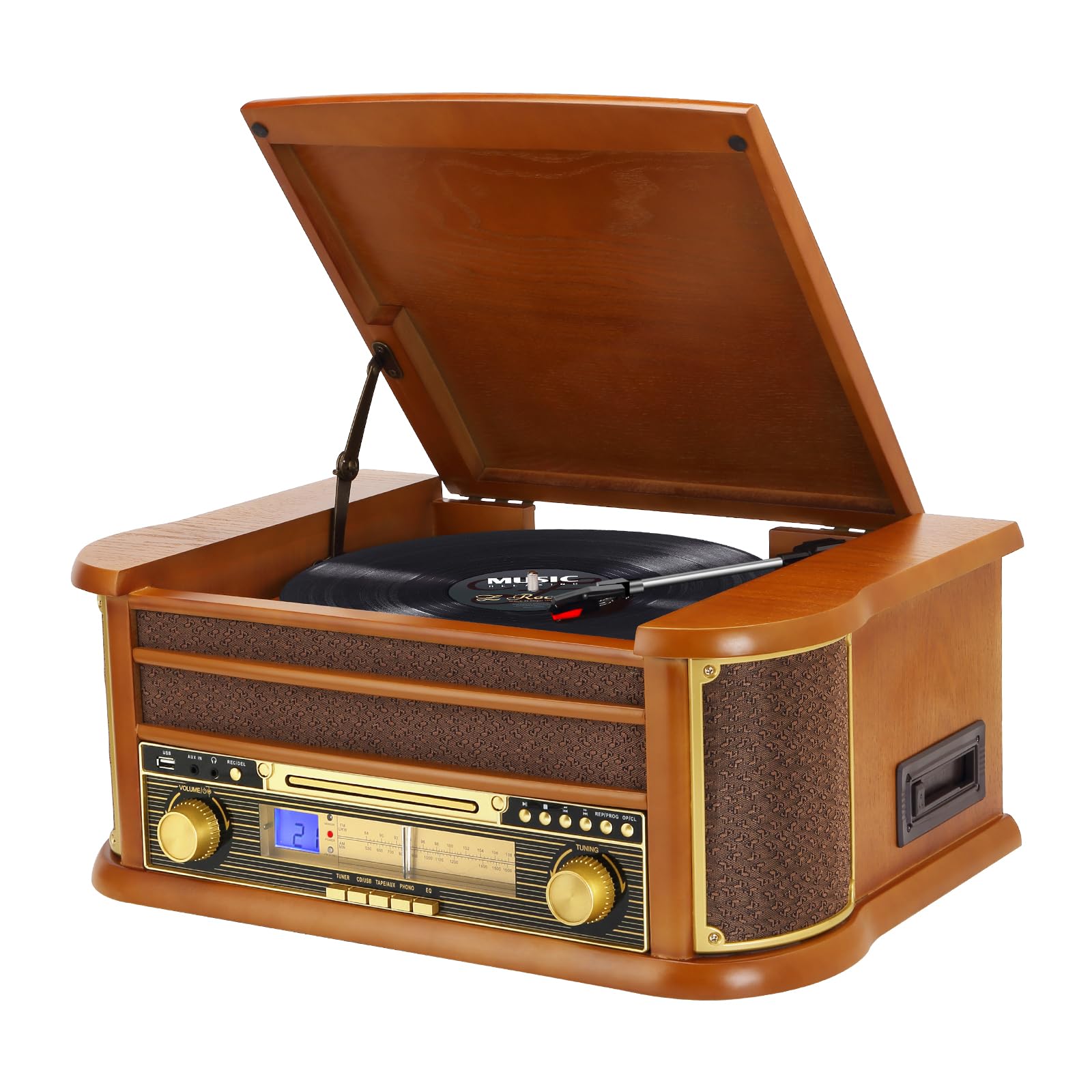 Platine Vinyle sans Fil Bluetooth à 3 Vitesses avec Haut-parleurs stéréo intégrés, phénographe Radio AM/FM avec Prise 3.5mm, CD/Cassette, AUX-in/RCA-Out, Lecture USB