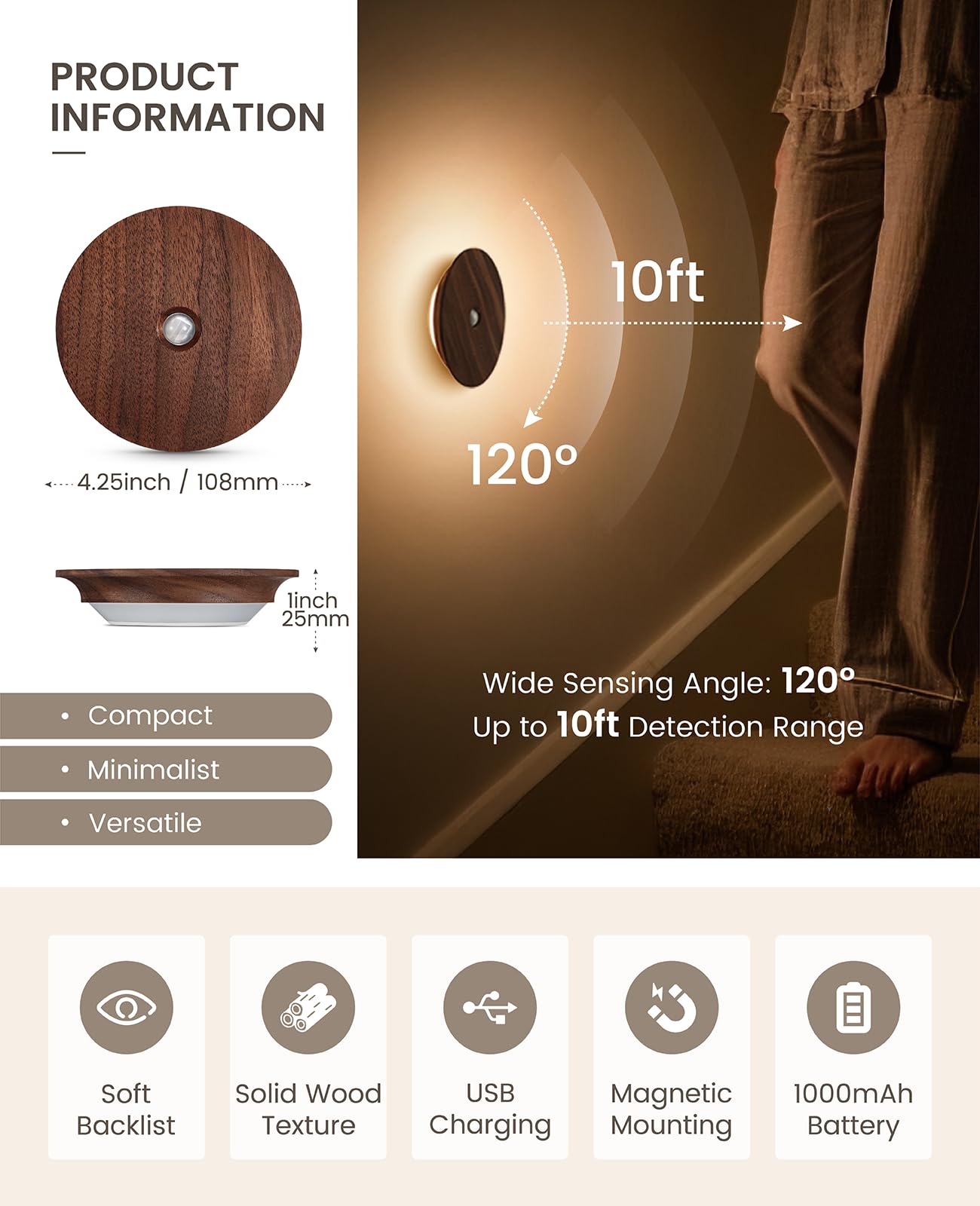 Vadifula Motion Sensor Night Light Wood Rechargeable Battery Powered Stick-On Step Lights Magnetic Closet Warm Nightlight for Hallway — view 2