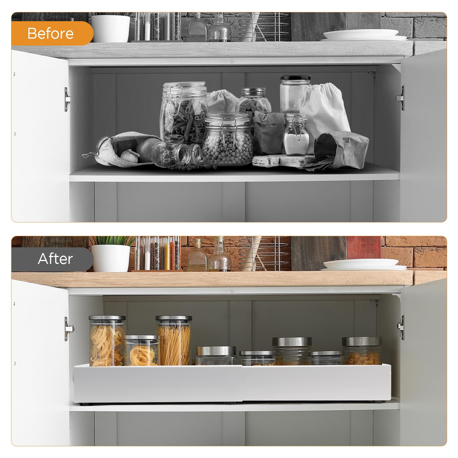 Cozary Cassetti Estraibili Telescopici, Organizer Cucina Cassetti con Adesivo, Larghezza Regolabile (32-55cm A X 42cm P X 7.5cm H), Acciaio al Carbonio, Cassetto Estraibile Cucina per Armadio