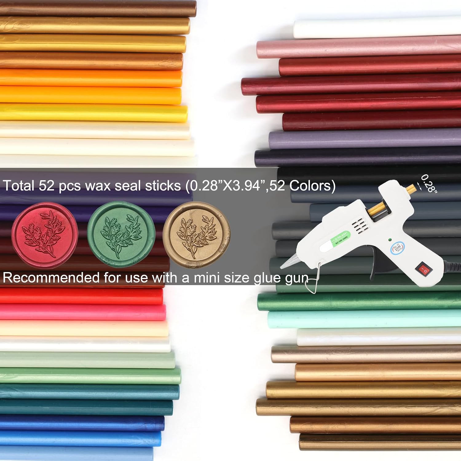 52 Pcs Glue Gun Wax Seal Sticks Mixed Colors, Andotopee Sealing Wax Sticks for Wax Seal Stamp, Premium Mini Glue Wax Sticks Gold Green Red Black Assorted Colors for Envelope Seal Craft (52 Colors)