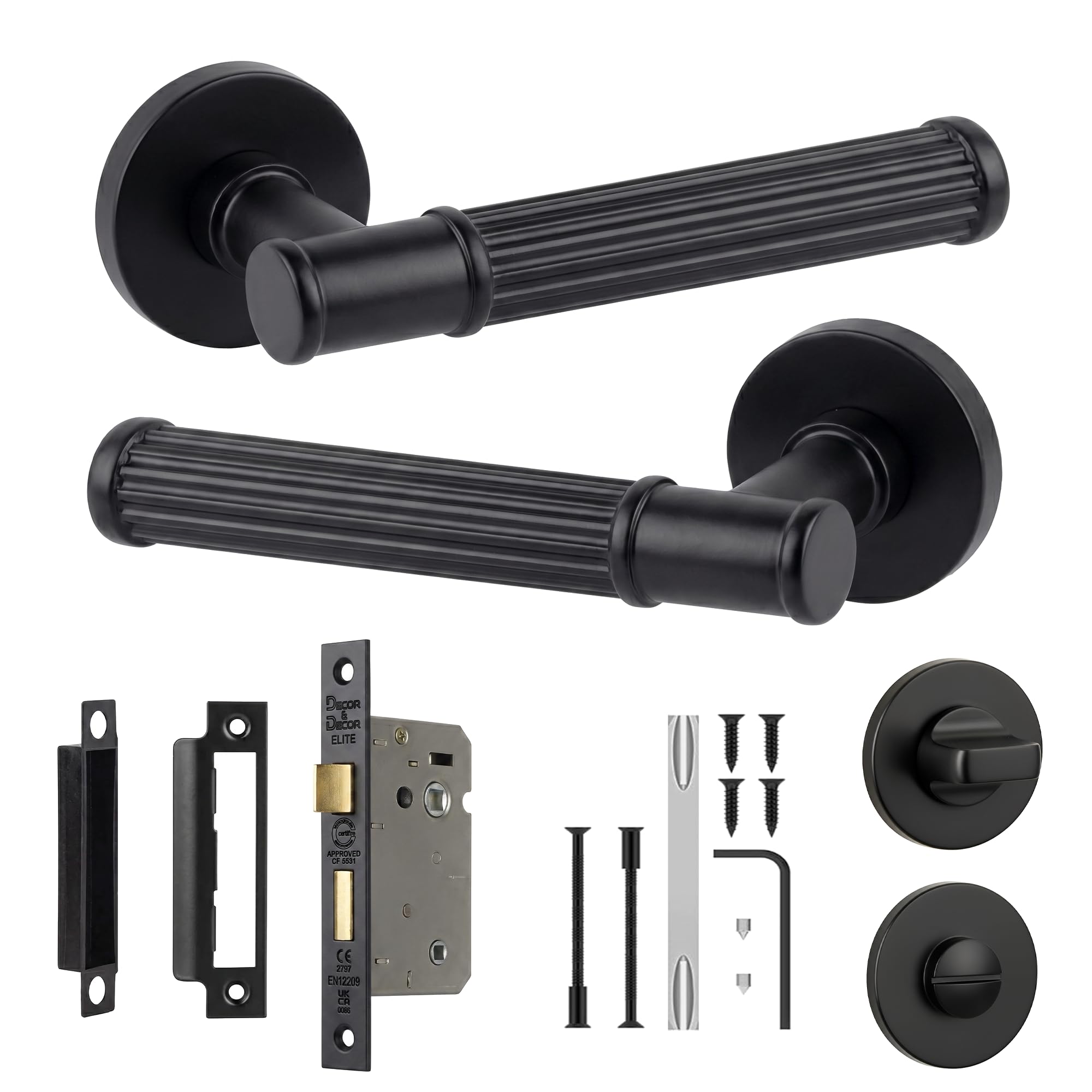 Decoranddecor Matt Black Leto Bathroom Door Handles With Lock 64Mm