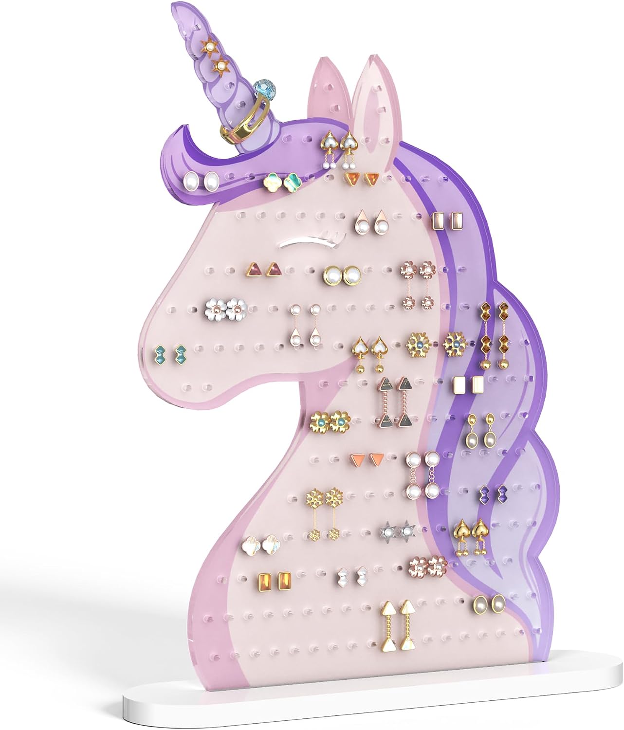 NiHome Acrylic Unicorn Earring Holder with 214 Holes, Colorful Smiling Unicorn Jewelry Display Stand for Teens & Women,Stud & Dangle Earring Organizer with Anti-Slip Pads (Purple Printing)