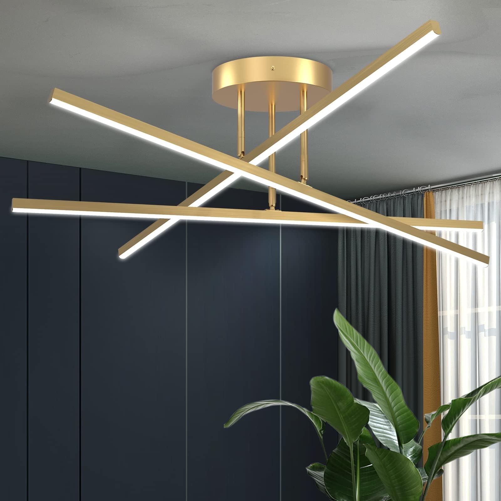 Gold LED Chandelier, 3-Lights Modern Semi Flush Mount Ceiling Lighting Fixture for Kitchen Dining Room Foyer Entry Bedroom, 23.82” 24W