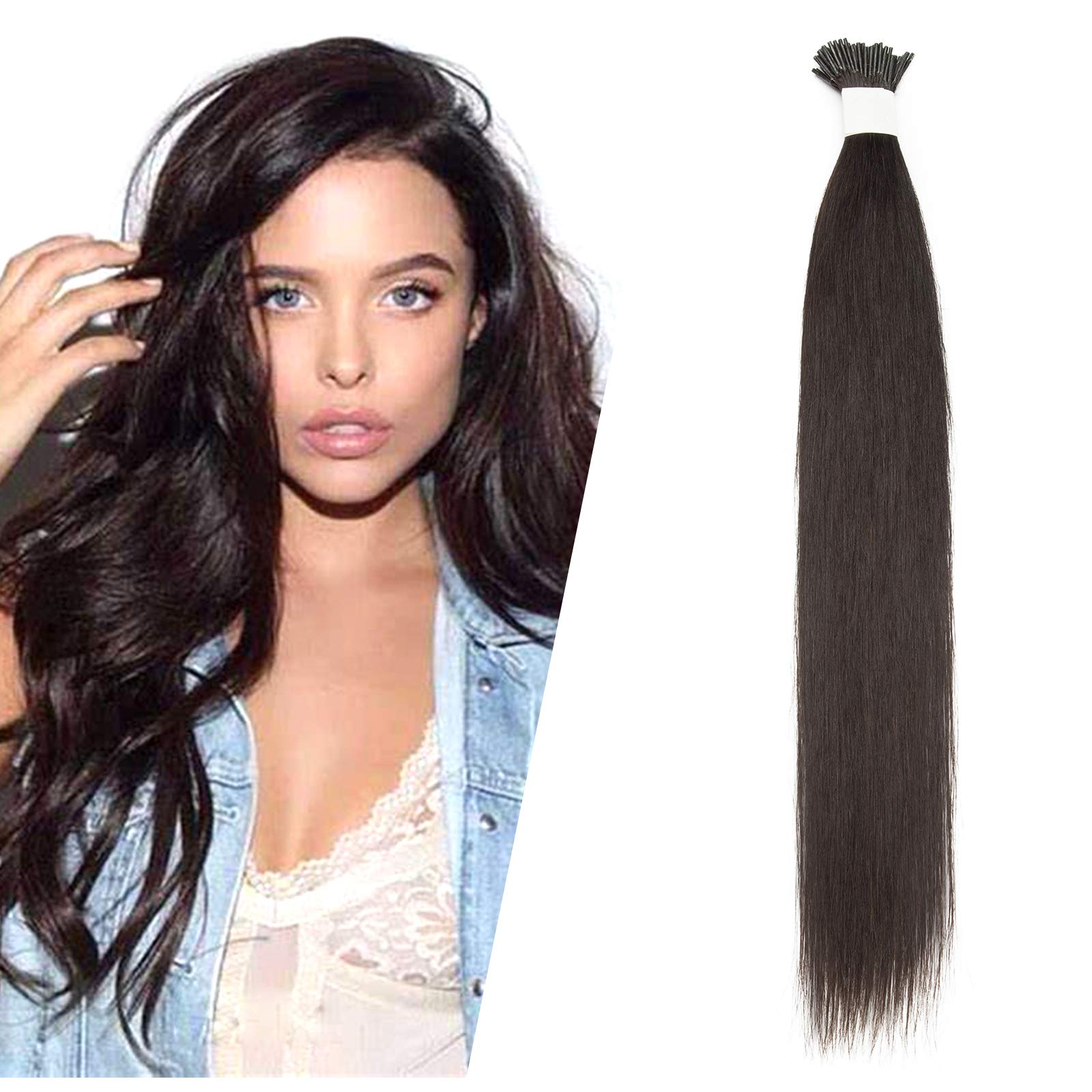 Pre Bonded Fusion Hair Extensions I Tip Remy Hair Beads Itip Real Human Hair Extension Italian Keratin Stick Tipped Glue Hairpiede Black I Tip Hair For Women 22" 100 Strands 50g #1B Natural Black