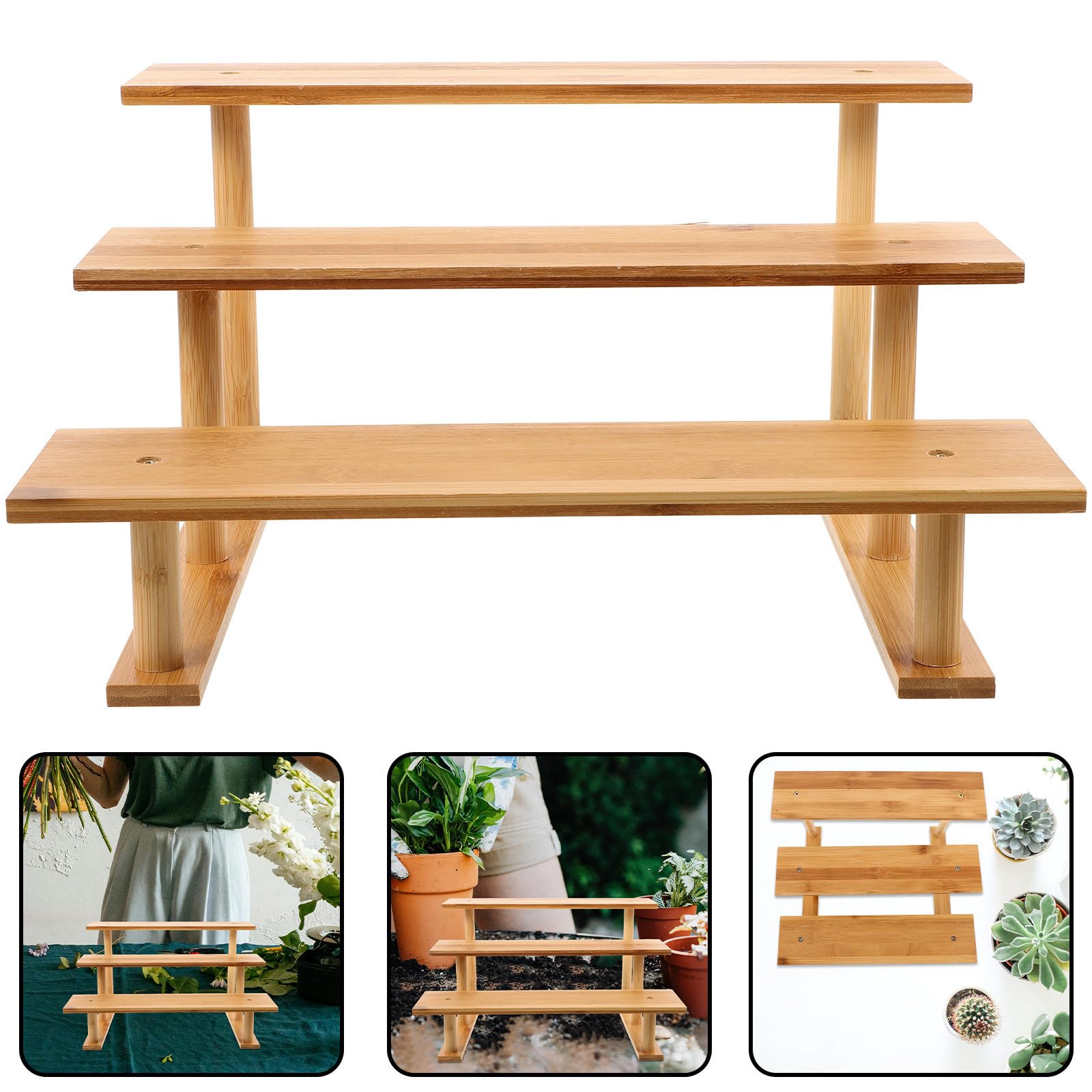 Fioriera in legno a 3 ripiani per interni e ingresso, facile da pulire e sollevare vasi perfetti per la decorazione della casa e l'esposizione delle piante