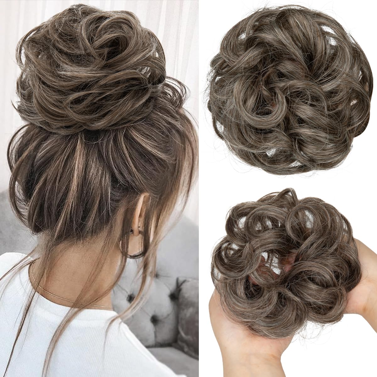 SARLA Messy Hair Bun Hair Piece for Womens Synthetic Hair Buns Extension Scrunchies Hairpieces Ponytail Hair Extensions Pepper Brown