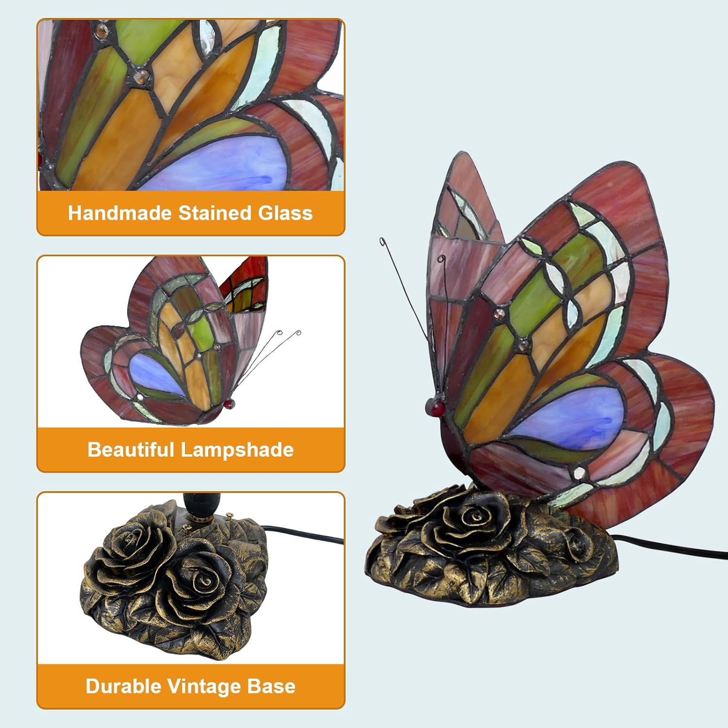 Beautiful Butterfly Lamp Tiffany Style Stained Glass Table Lamp Vintage Table Lamp Night Light, 8.7 inch Tall, Color Changing LED Bulb Included, for Home Room Decor, Gift