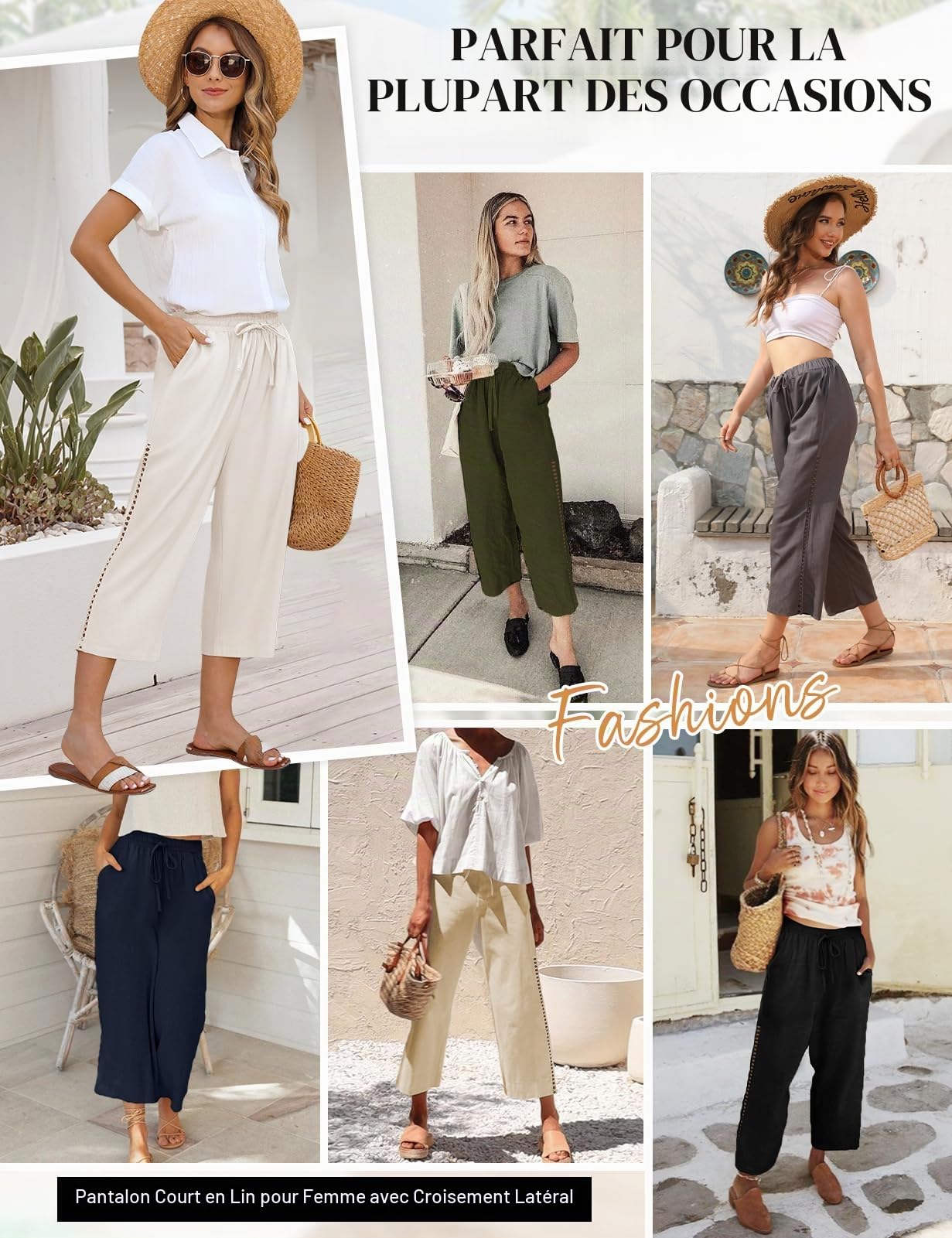 Voqeen Pantalon Lin Femme Pantacourt Été Taille Élastique Et Cordon De Serrage Pantalon Corsaire Léger avec Poches Short Lin Décontracté Pantalon 3/4 Creux pour Femmes