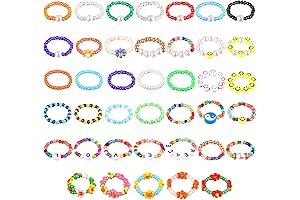 40 Pieces Flower Beads Rings Rainbow Colorful Rice Bead Rings Cute Handmade...