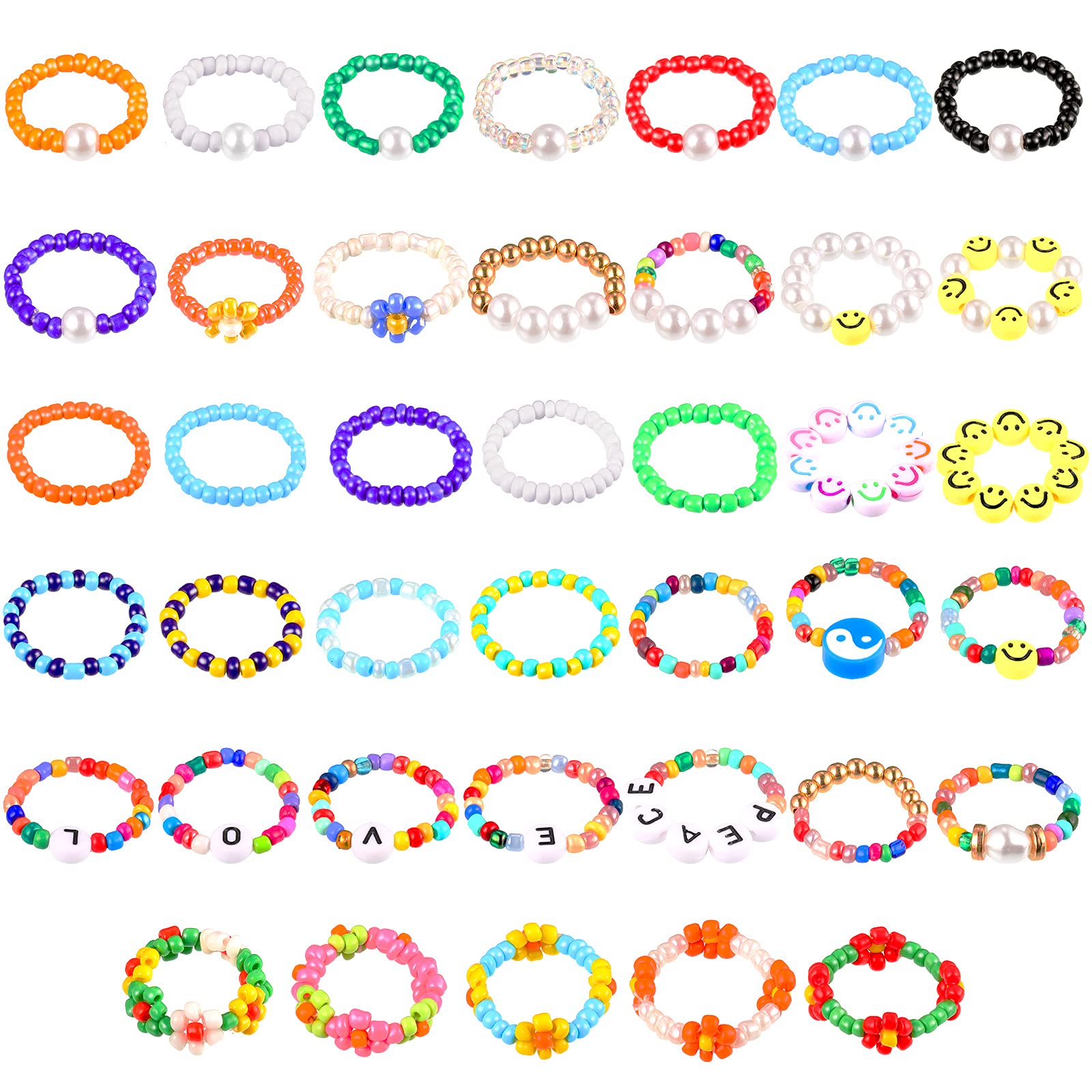 40 Pieces Flower Beads Rings Rainbow Colorful Rice Bead Rings Cute Handmade Smile Beaded Colorful Jewelry for Women