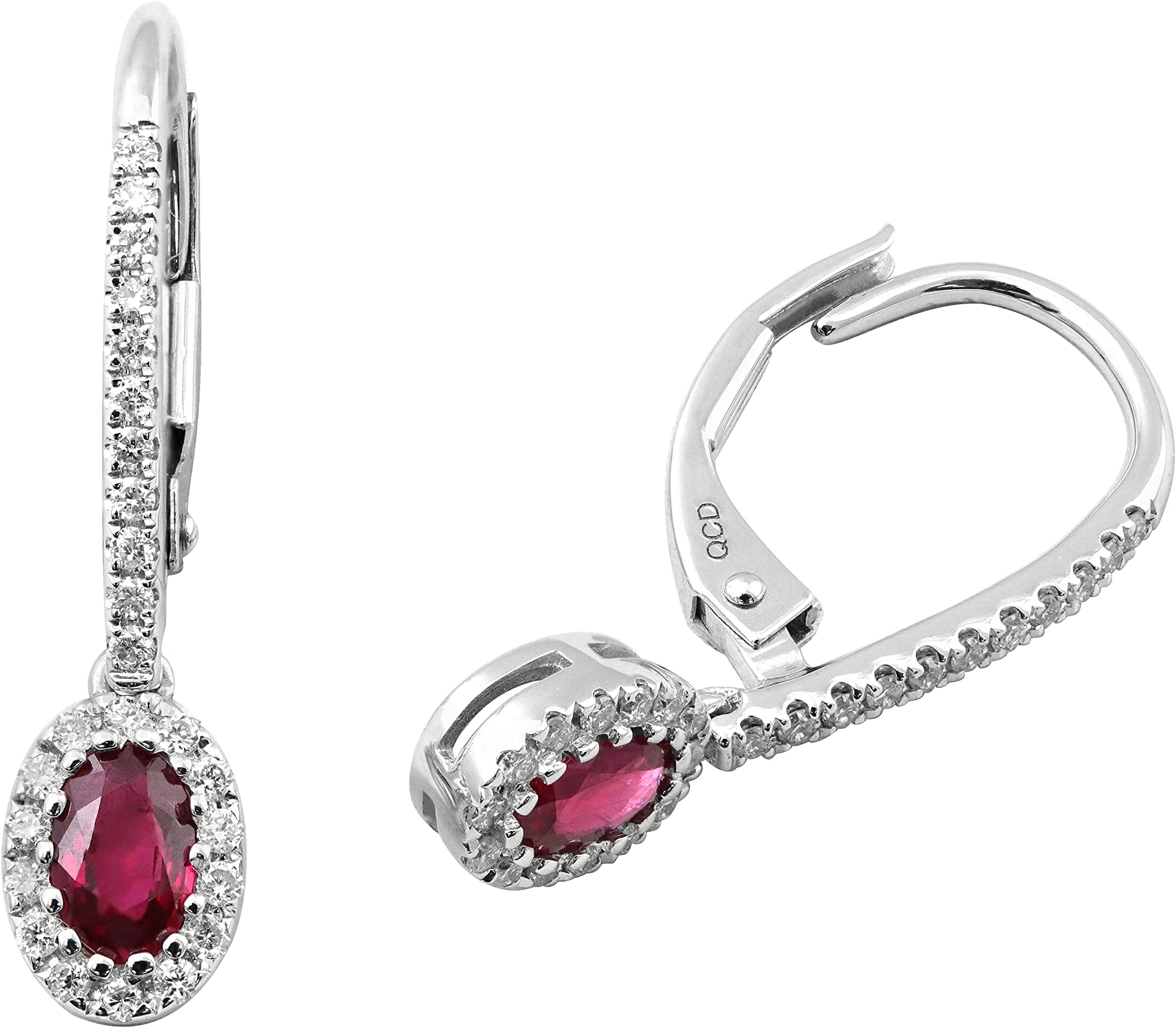 - 14K White Gold Genuine Emerald/Sapphire/Ruby Dangle Earrings with Diamonds