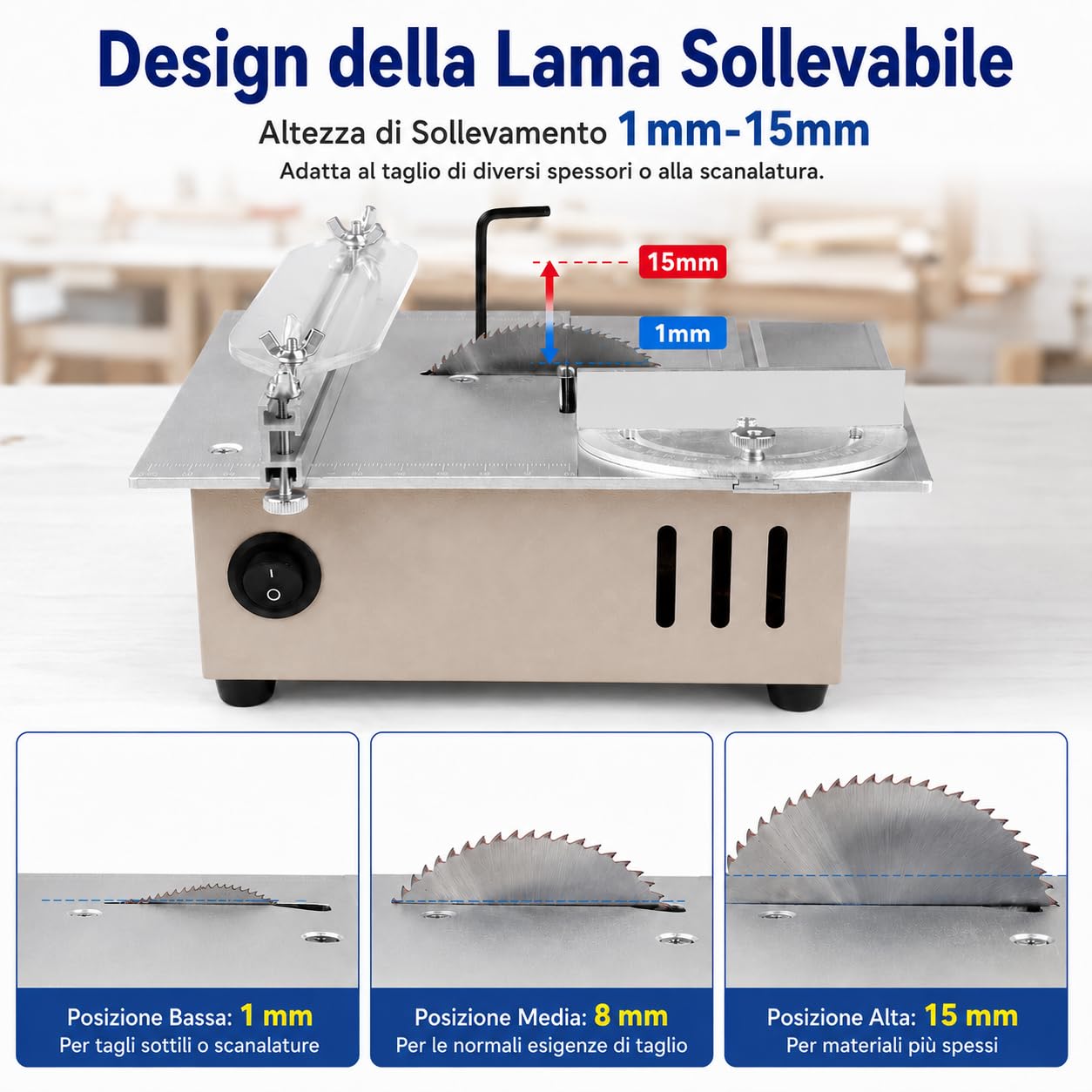VOBOR Mini Sega Circolare da Tavolo con Disco per Lucidatura e 4 Lame, Altezza Regolabile, Alimentatore a 7 Marce, Lama per Sega da 0,1 a 15 mm, per Legno Fatto a Mano