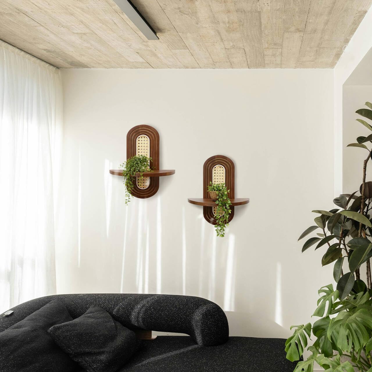 Floating Shelves for Wall, Set of 2 Arched Boho Plant Shelf with Rattan Woven Wall Decor, Solid Wood Wall Mounted Decorative Shelf for Living Room Bedroom & Plant Wall Decor, Walnut Finish