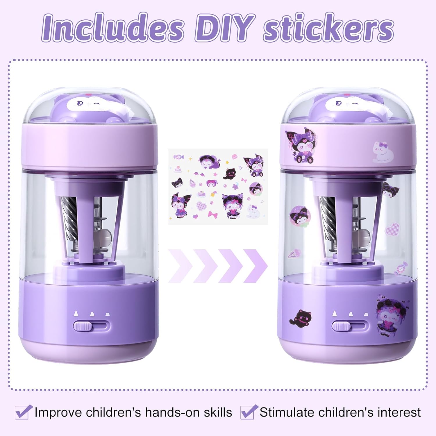 Rechargeable Automatic Electric Pencil Sharpener, Auto in & Out 3 Adjustable Thickness, Type-C Charging, Cute DIY Stickers, for 6-8mm Pencils, 3s Fast Sharpening, Ideal for School & Home (Purple)