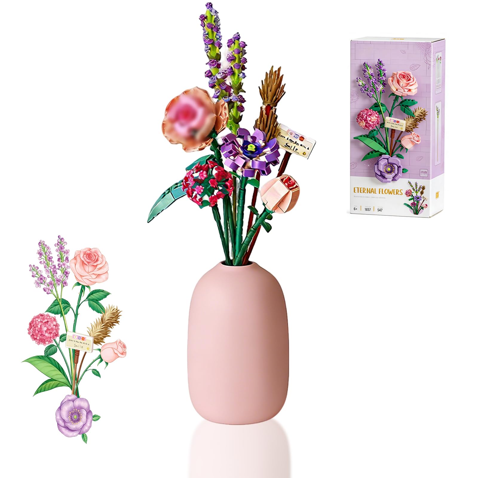 Blumenstrauß mit 547 Teilen DIY-Blüten aus Bausteinen zum Se