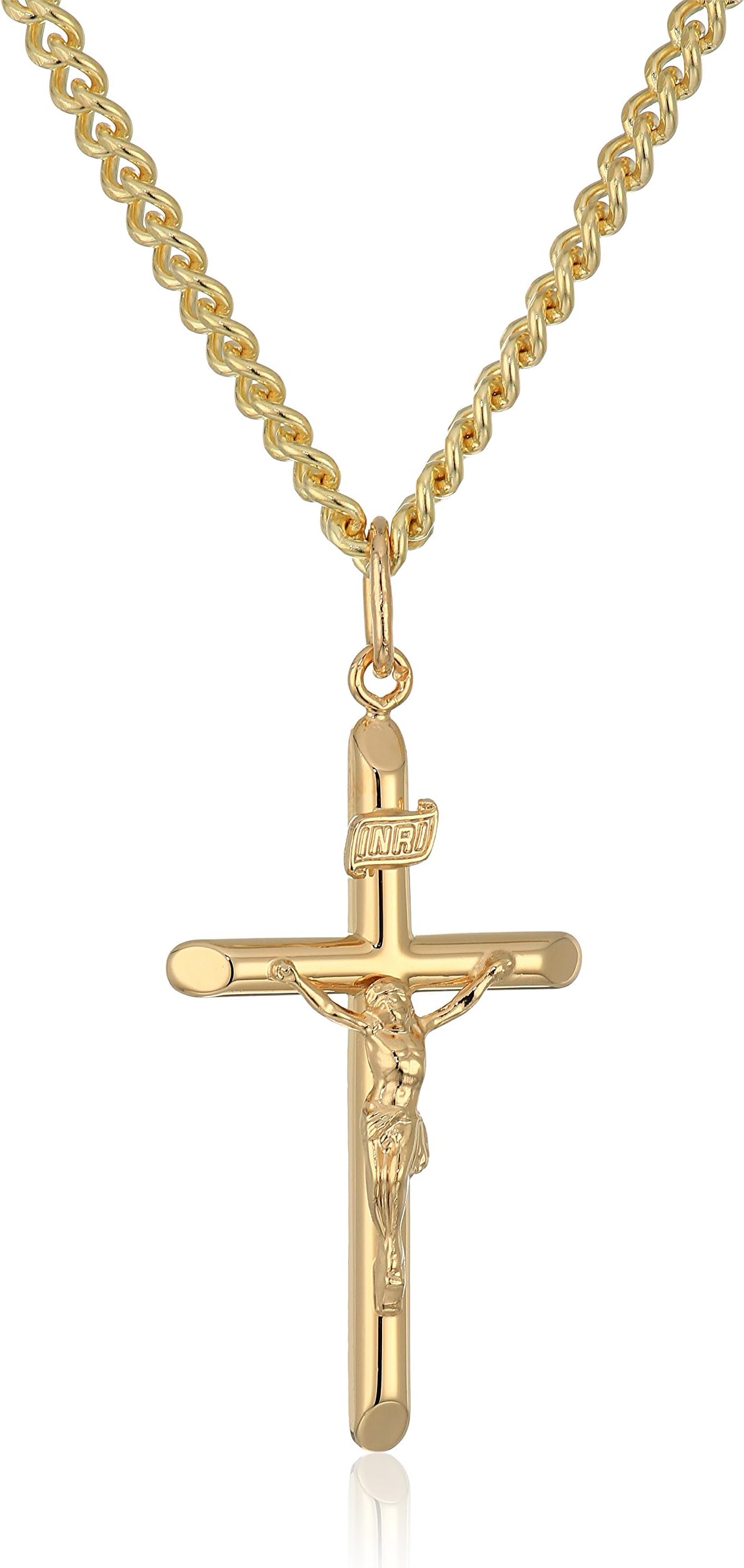 Men's 14k Gold Filled Solid Tubular Embossed Crucifix Cross with Gold Plated Stainless Steel Chain Pendant Necklace, 24"
