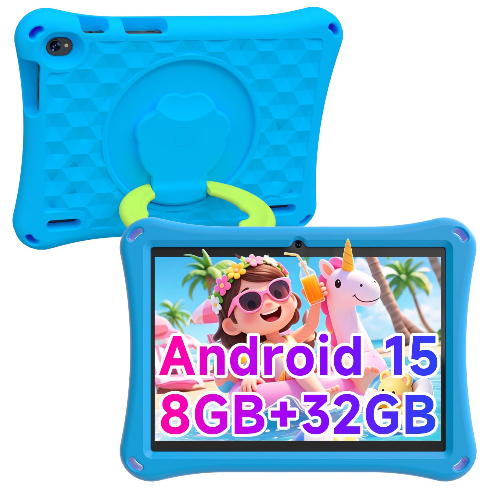 Tablet Android 15 per bambini con custodia, tablet da 10 pollici per bambini, 8 GB di RAM 32 GB ROM 1 TB espandibile, batteria lunga 6000 mAh, schermo HD IPS, doppia fotocamera, controllo genitori