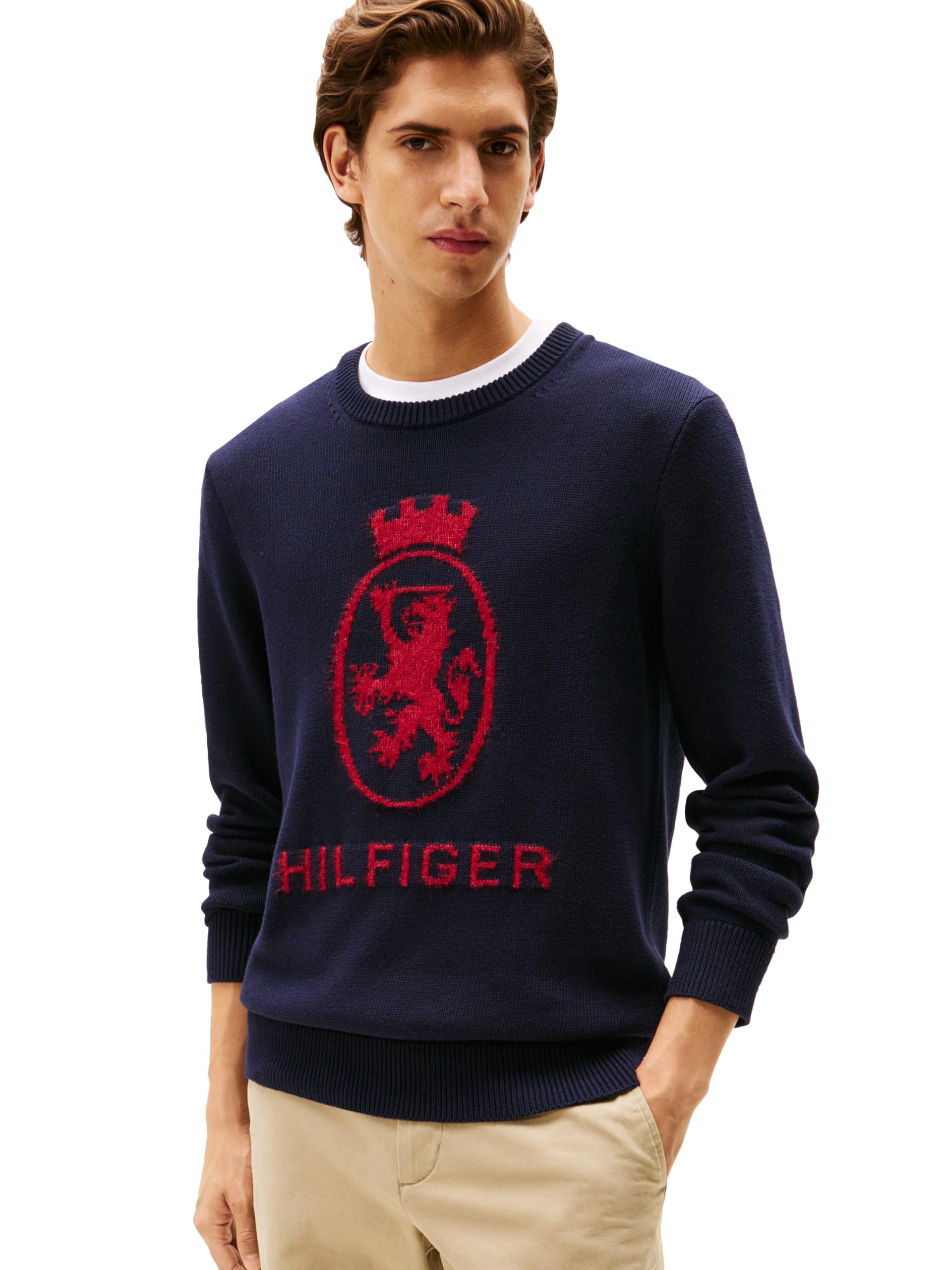 Tommy Hilfiger Men's Desert Sky/Regatta Red Cotton Crest Crewneck Sweater Lightweight Pullover, Xxl