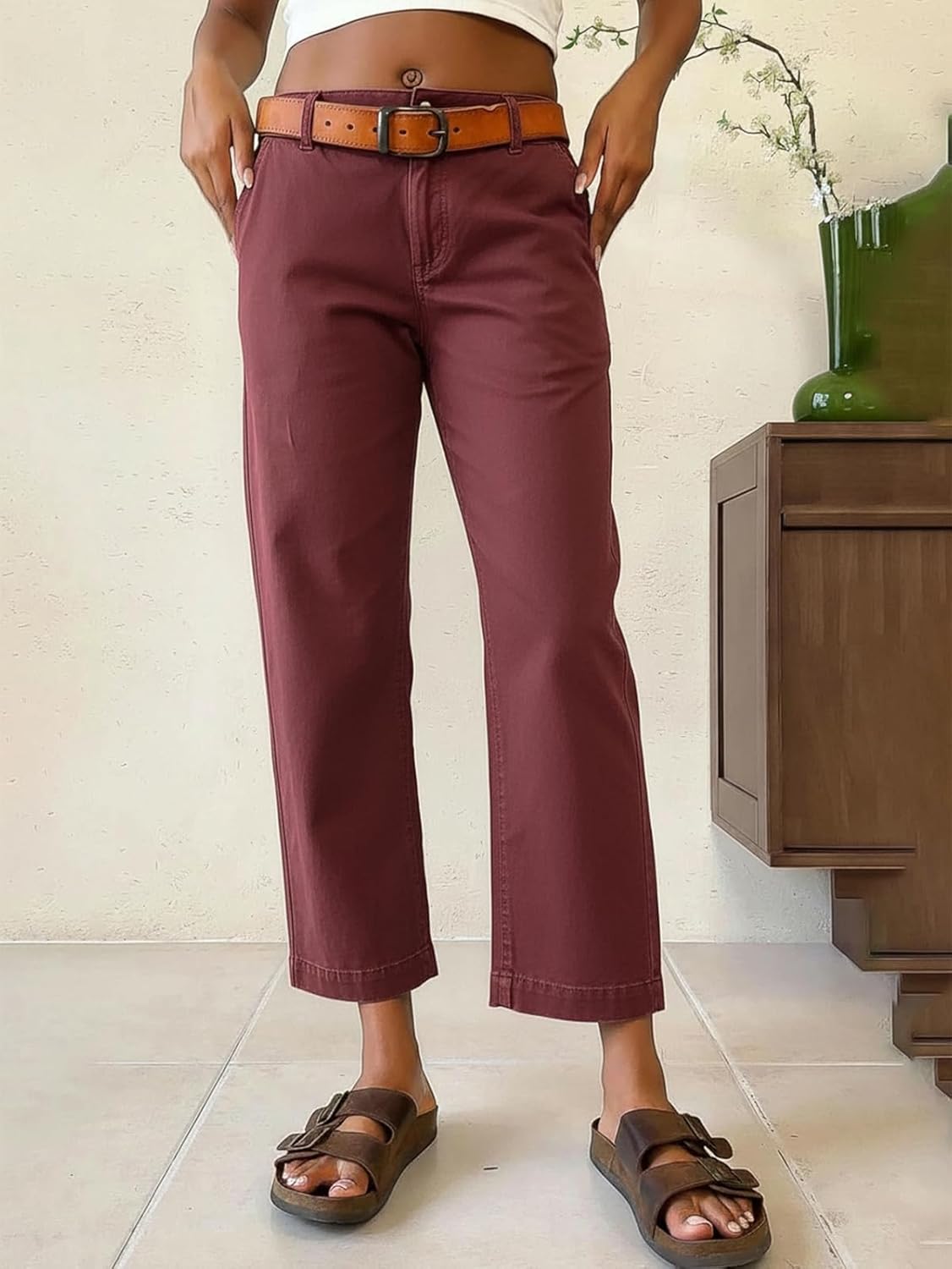 Flamingals Straight Leg Low Rise Barrel Pants Casual Stretchy Vintage Carrot Chino Pants for Women Trendy Without Belts - Image 2